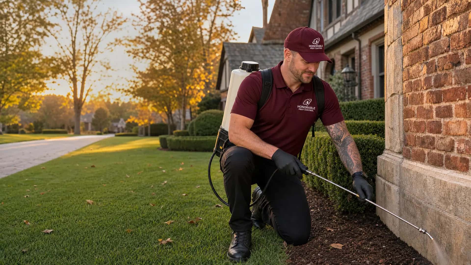 Honorable Pest Control technician spraying the foundation of a Tudor home in Bloomfield Hills, MI
