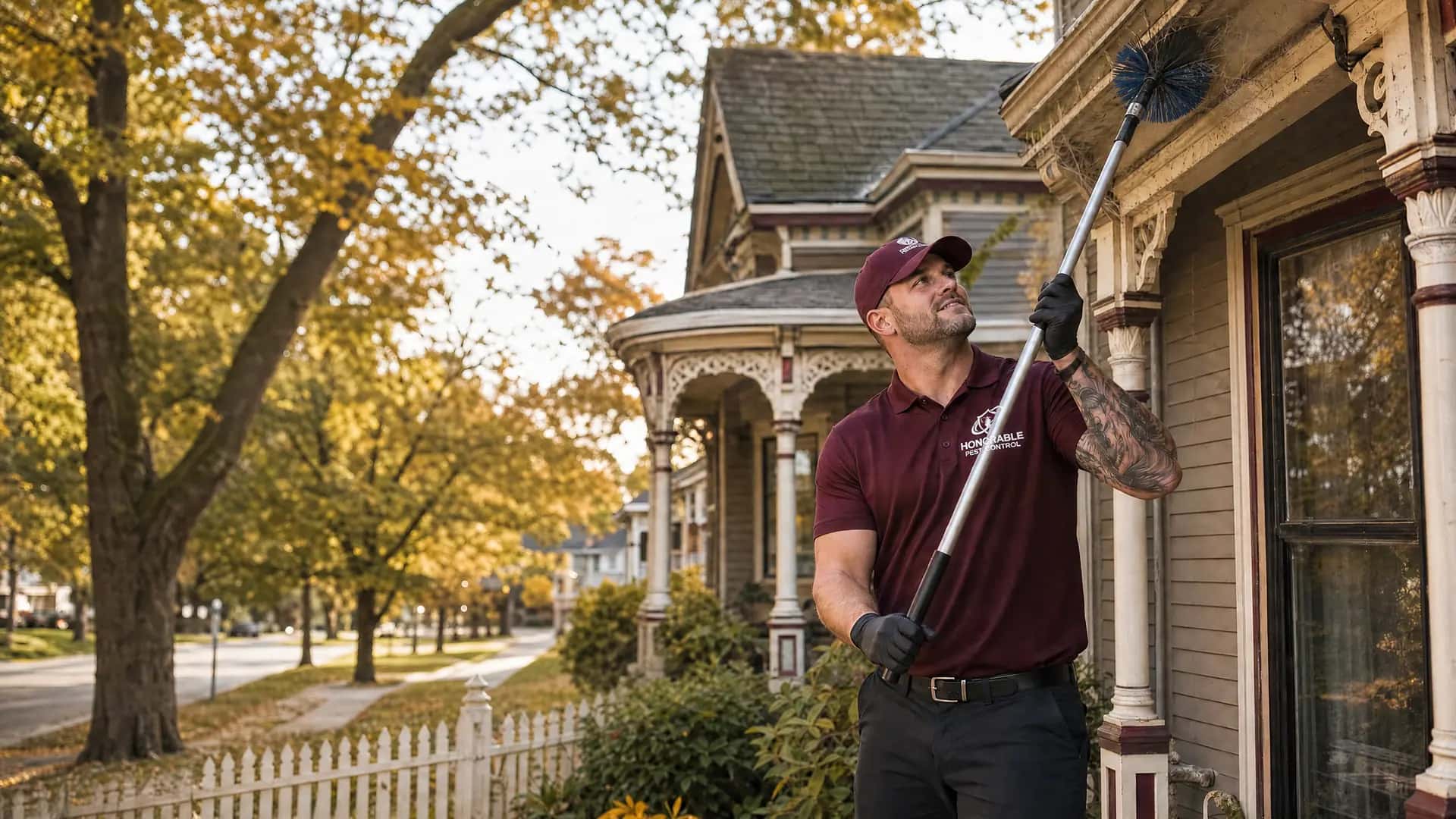 Honorable Pest Control technician sweeping spider webs off the eaves of a Victorian home in Chelsea, MI