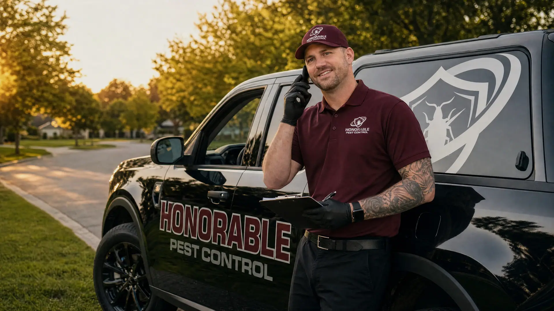 Honorable Pest Control technician taking a customer call beside the company truck