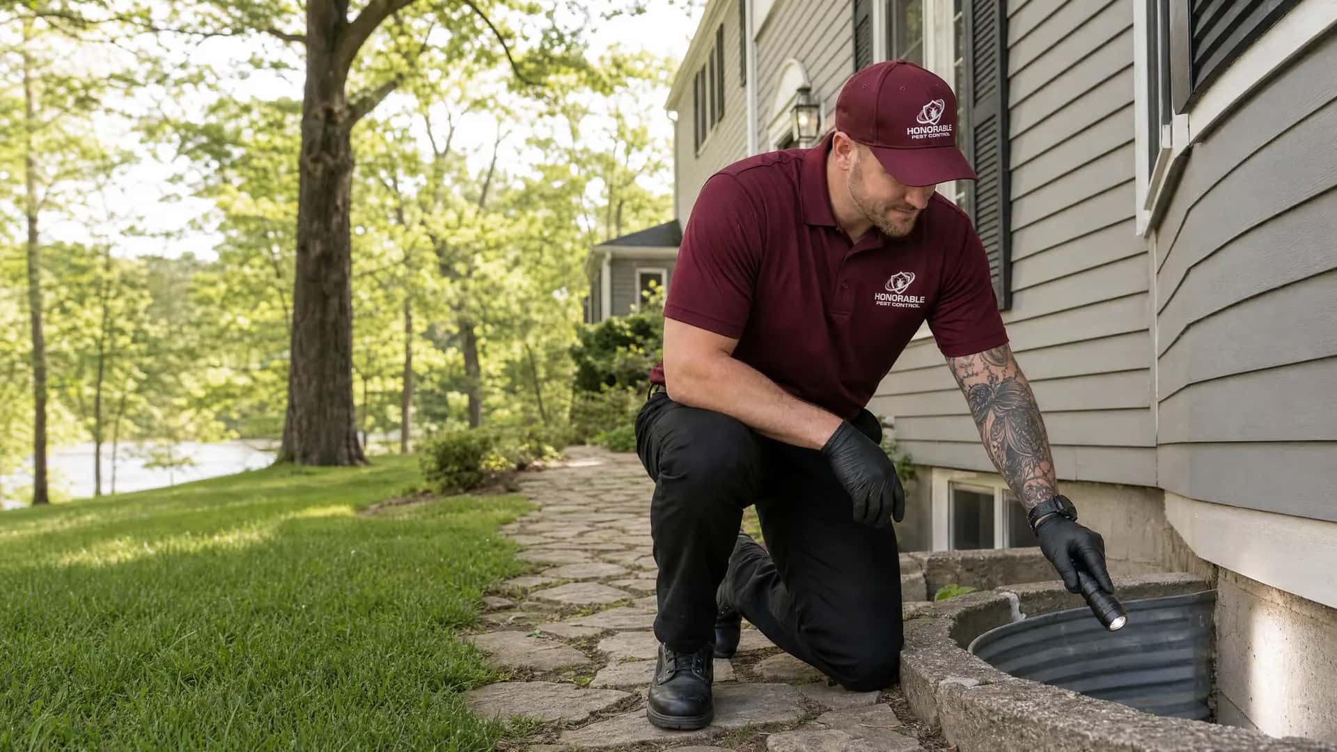 Honorable Pest Control technician inspecting a basement window well at a colonial home in Dexter, MI