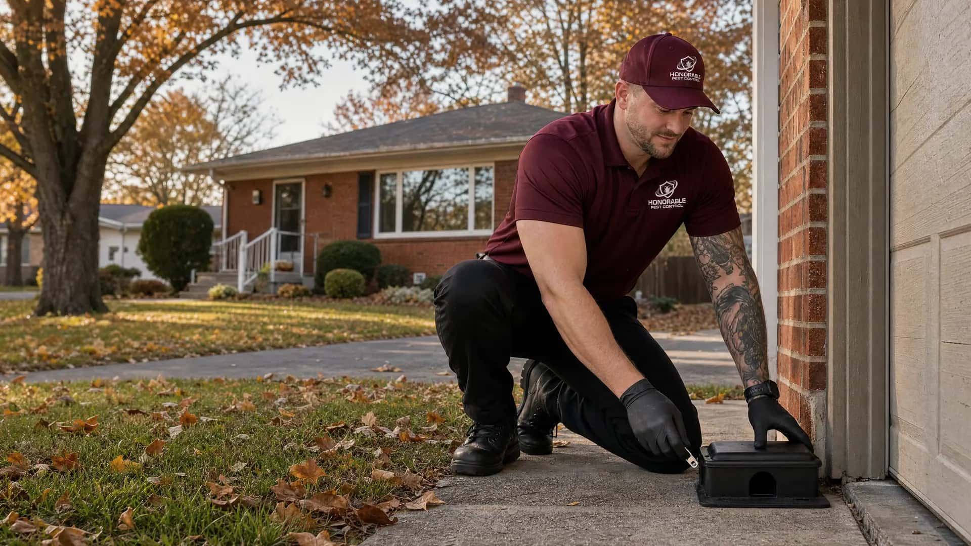 Honorable Pest Control technician locking a rodent bait station beside the garage of a brick ranch in Farmington, MI