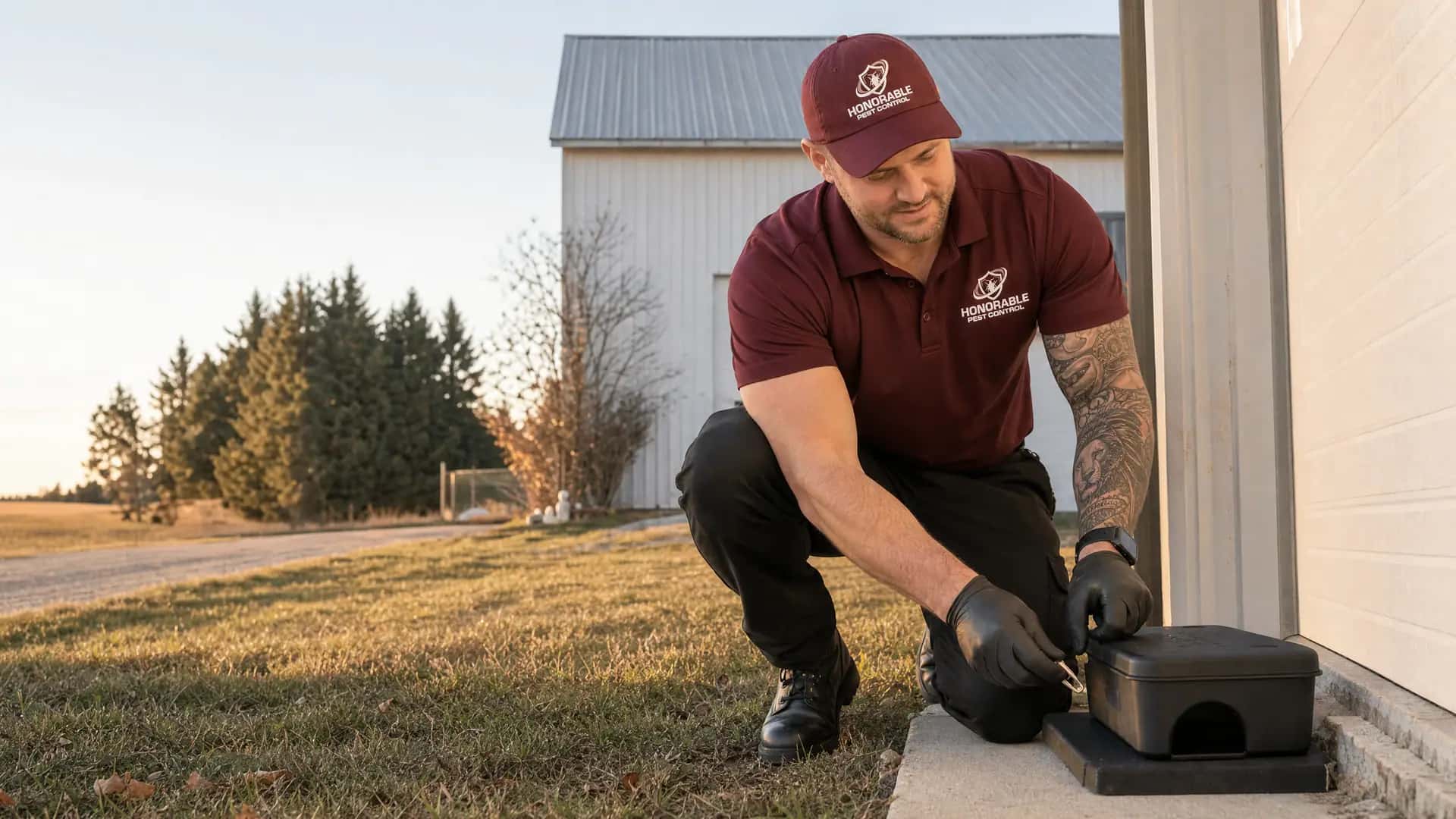 Honorable Pest Control technician locking a rodent bait station beside the garage of a farmhouse in Fowlerville, MI