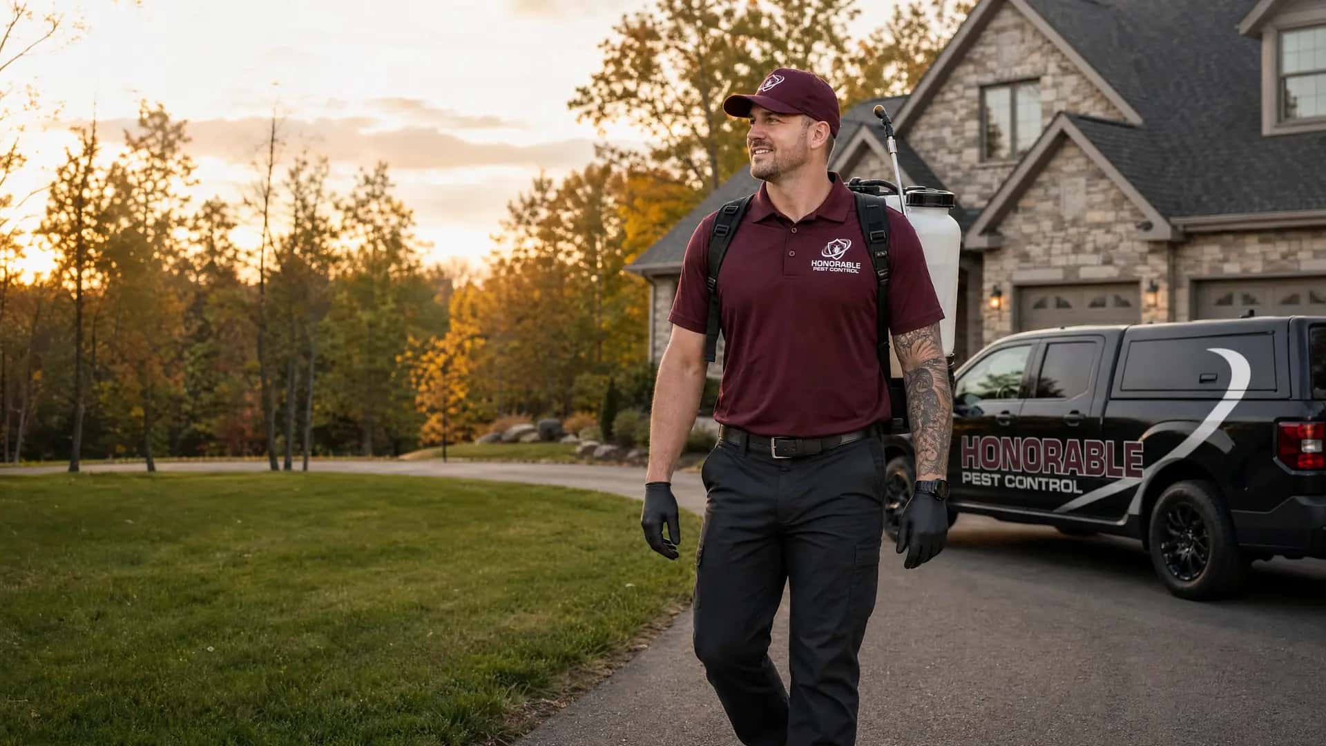 Honorable Pest Control technician carrying a backpack sprayer up the front walk of a home in Genoa Township, MI