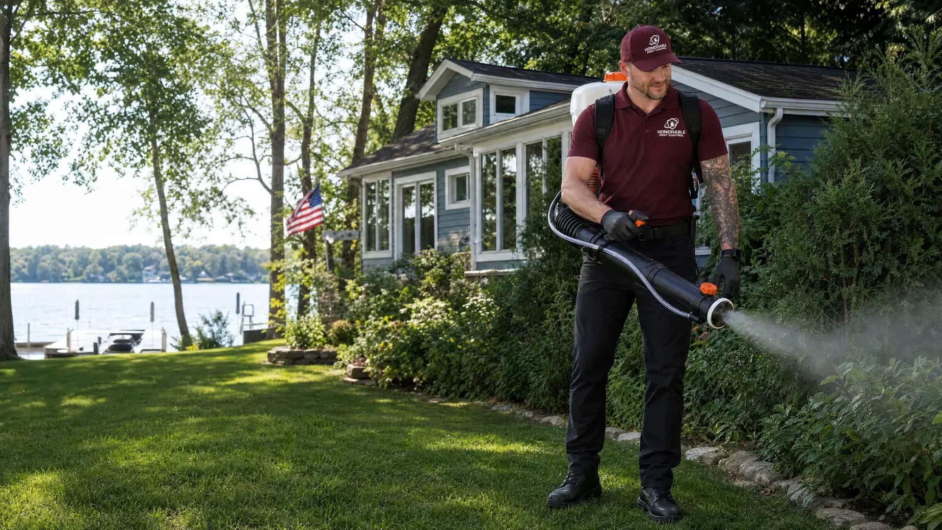 Honorable Pest Control technician misting the shaded shrubs for mosquitoes at a lake cottage in Hamburg Township, MI