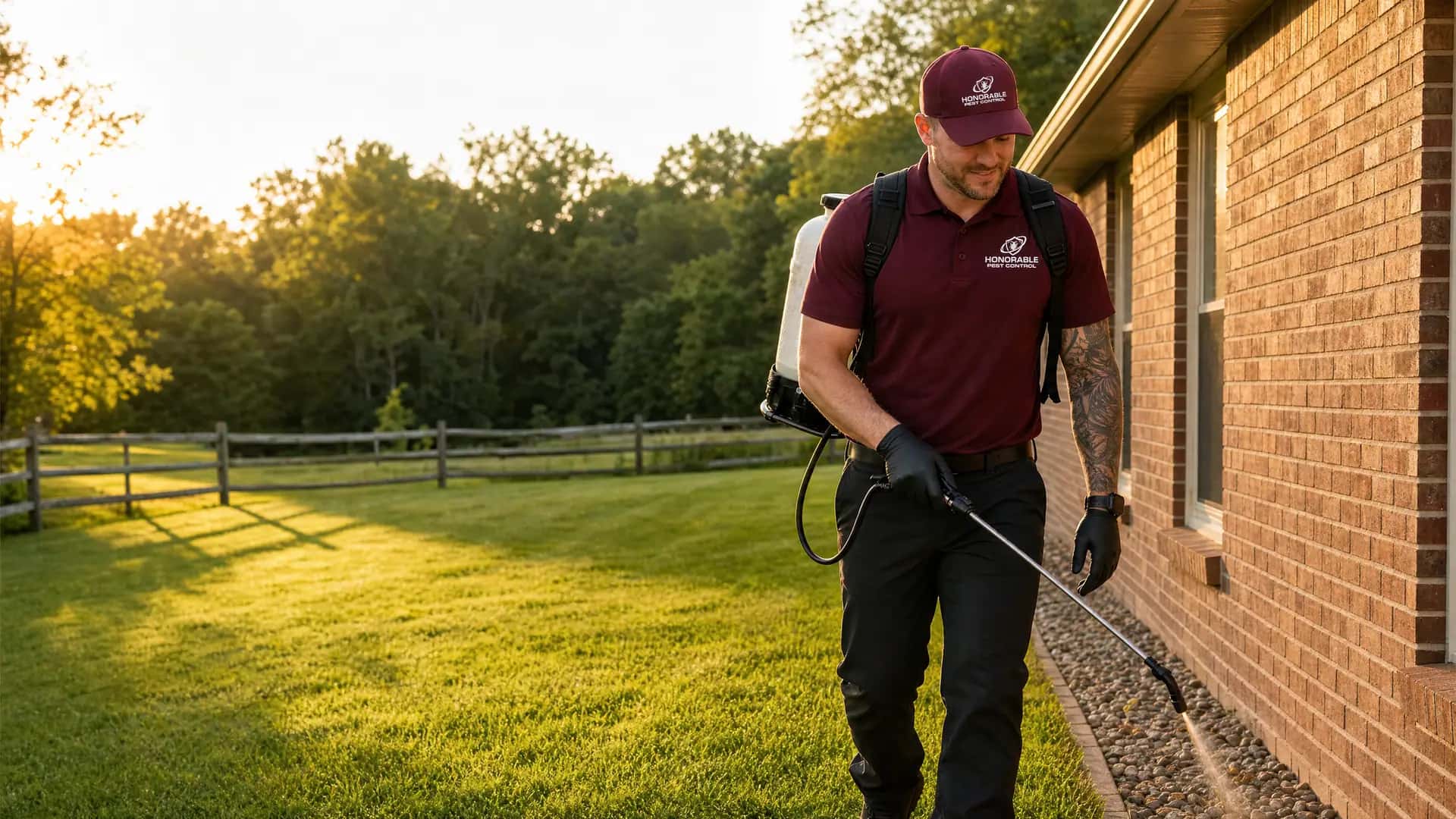 Honorable Pest Control technician spraying along the foundation of a country ranch in Hartland, MI