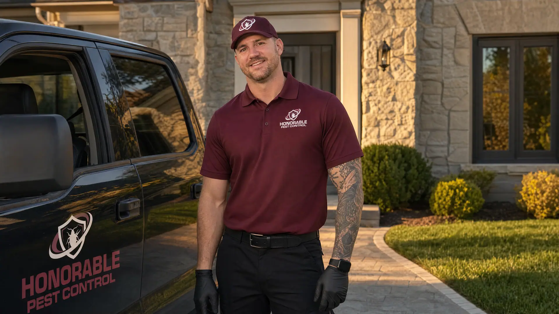 Honorable Pest Control technician beside the company truck, ready to come back if pests return