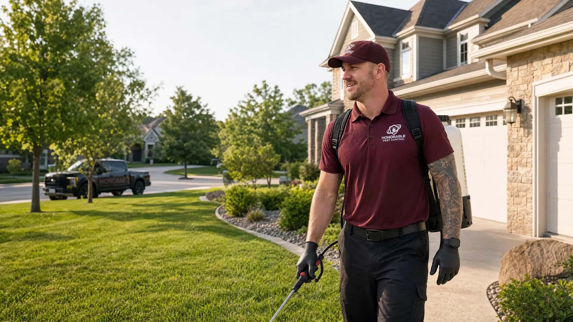 Honorable Pest Control technician carrying a backpack sprayer up the front walk of a home in Novi, MI