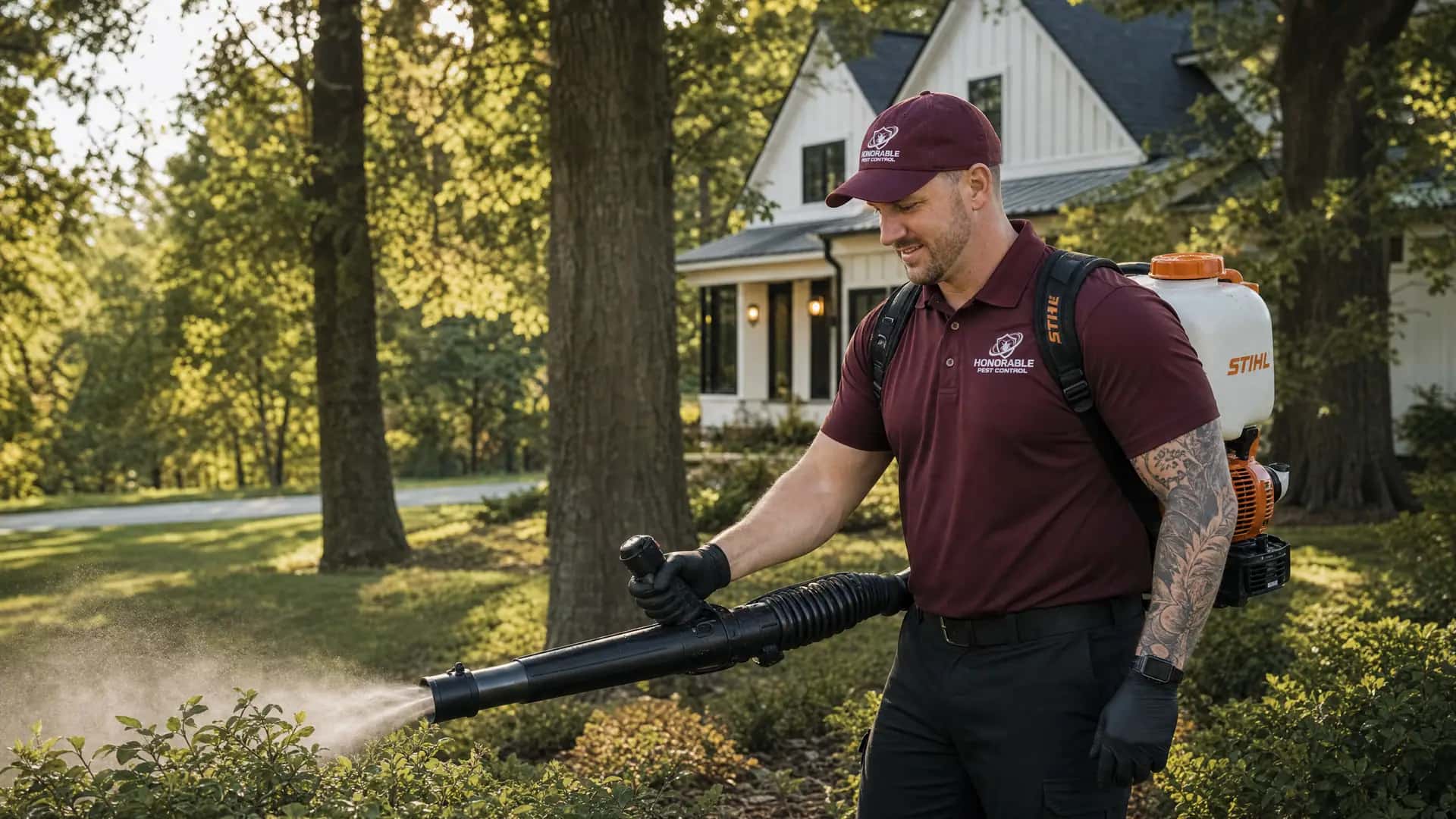 Honorable Pest Control technician misting the shaded shrubs for mosquitoes at a wooded lot in Scio Township, MI