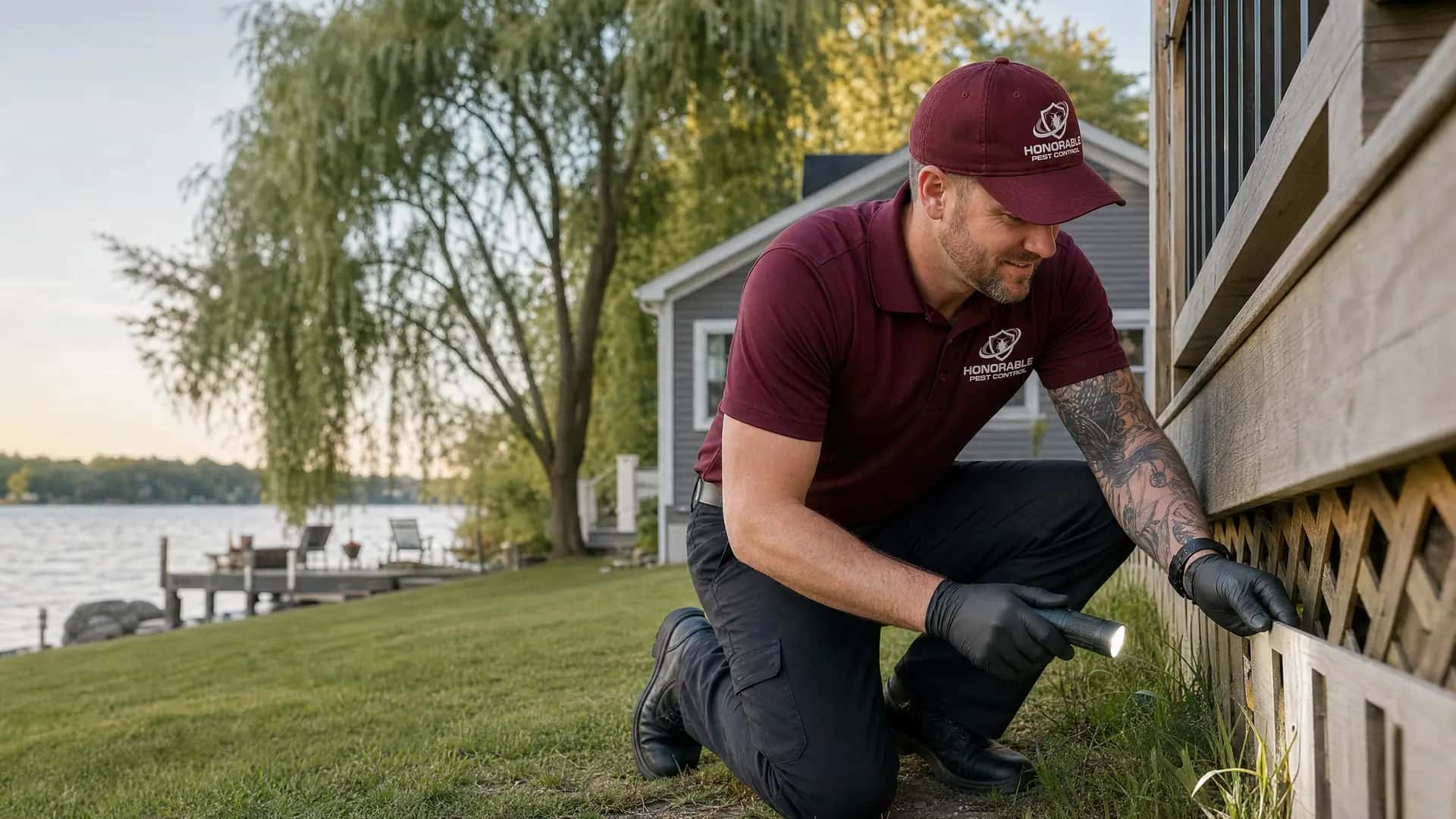 Honorable Pest Control technician checking under the deck of a lake cottage in Walled Lake, MI