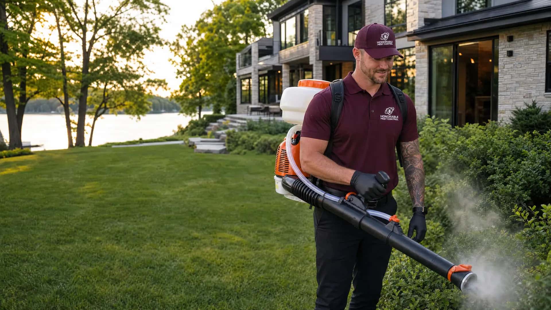 Honorable Pest Control technician misting the shaded shrubs for mosquitoes at a lakeside home in West Bloomfield, MI