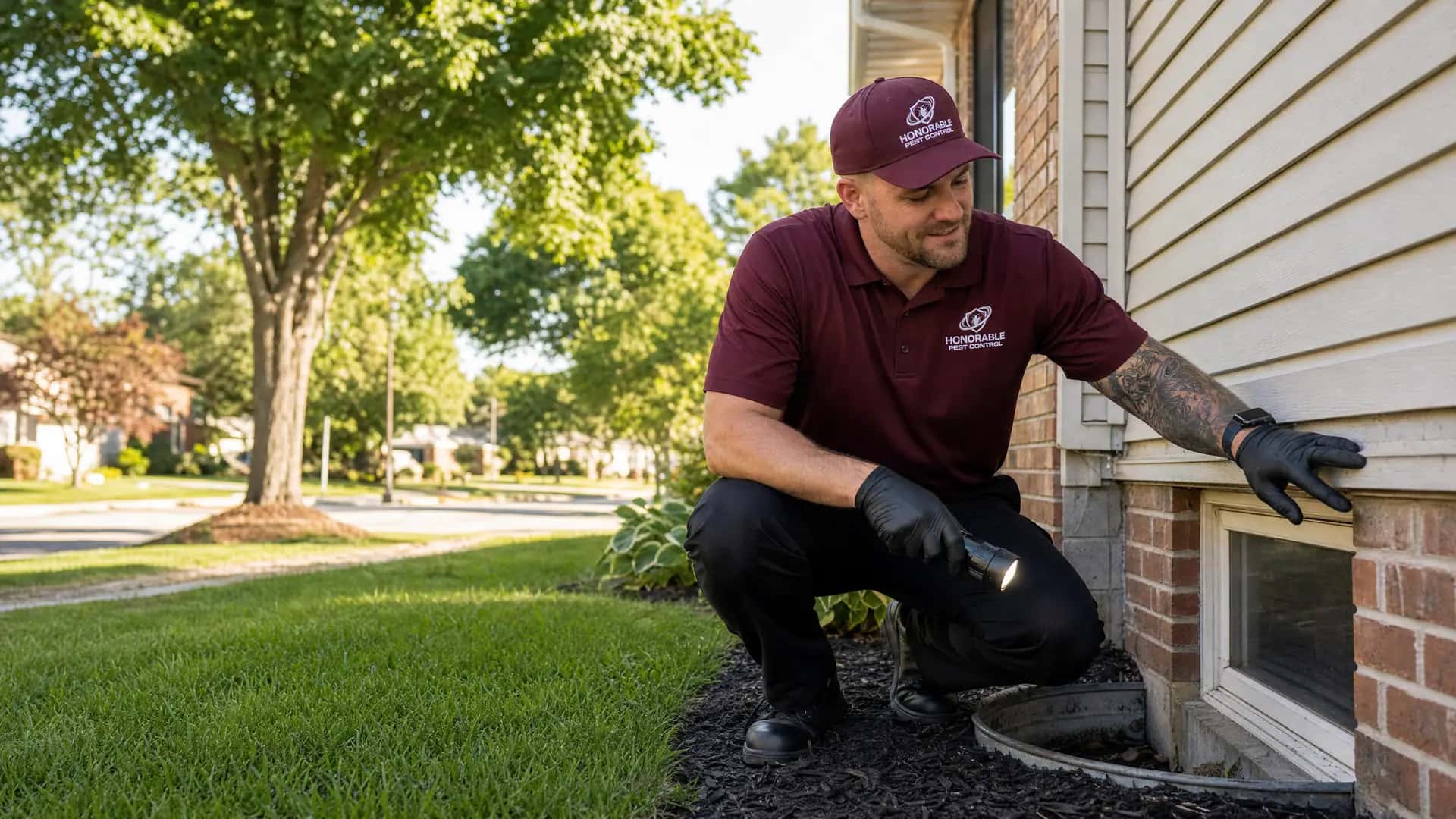 Honorable Pest Control technician inspecting a basement window well at a home in Westland, MI