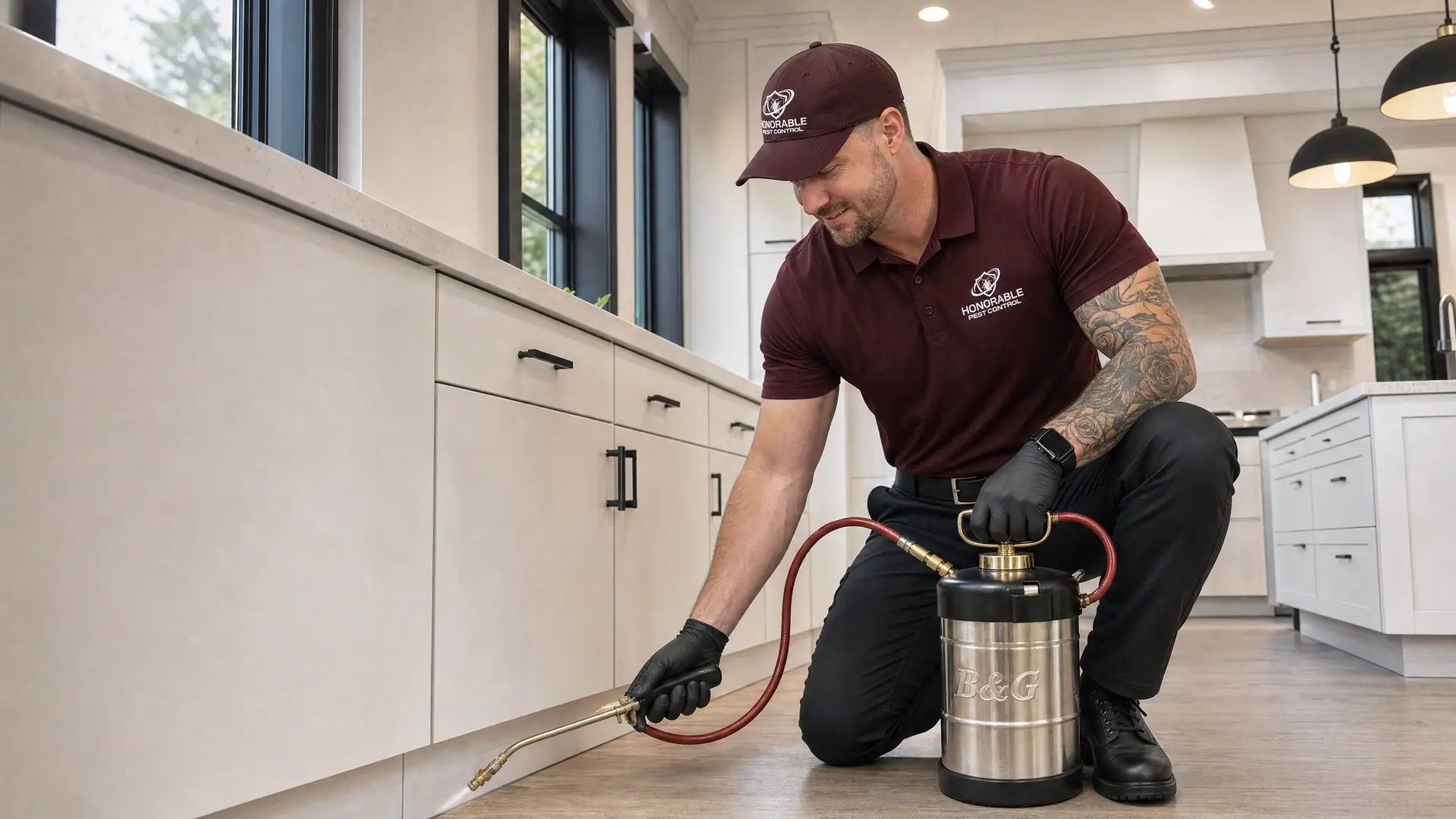 Honorable Pest Control technician treating the kitchen baseboards in a Wixom, MI home