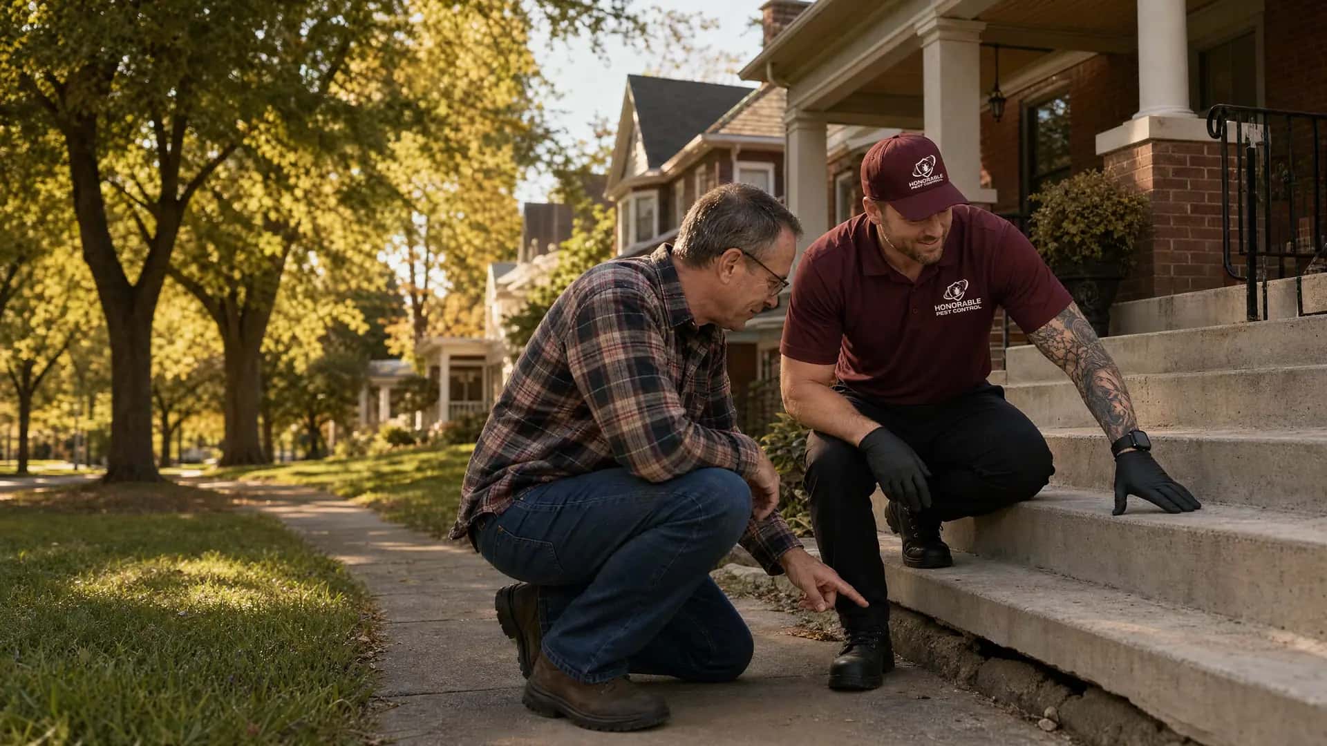 Honorable Pest Control technician showing a homeowner a gap by the front steps of a historic home in Ypsilanti, MI