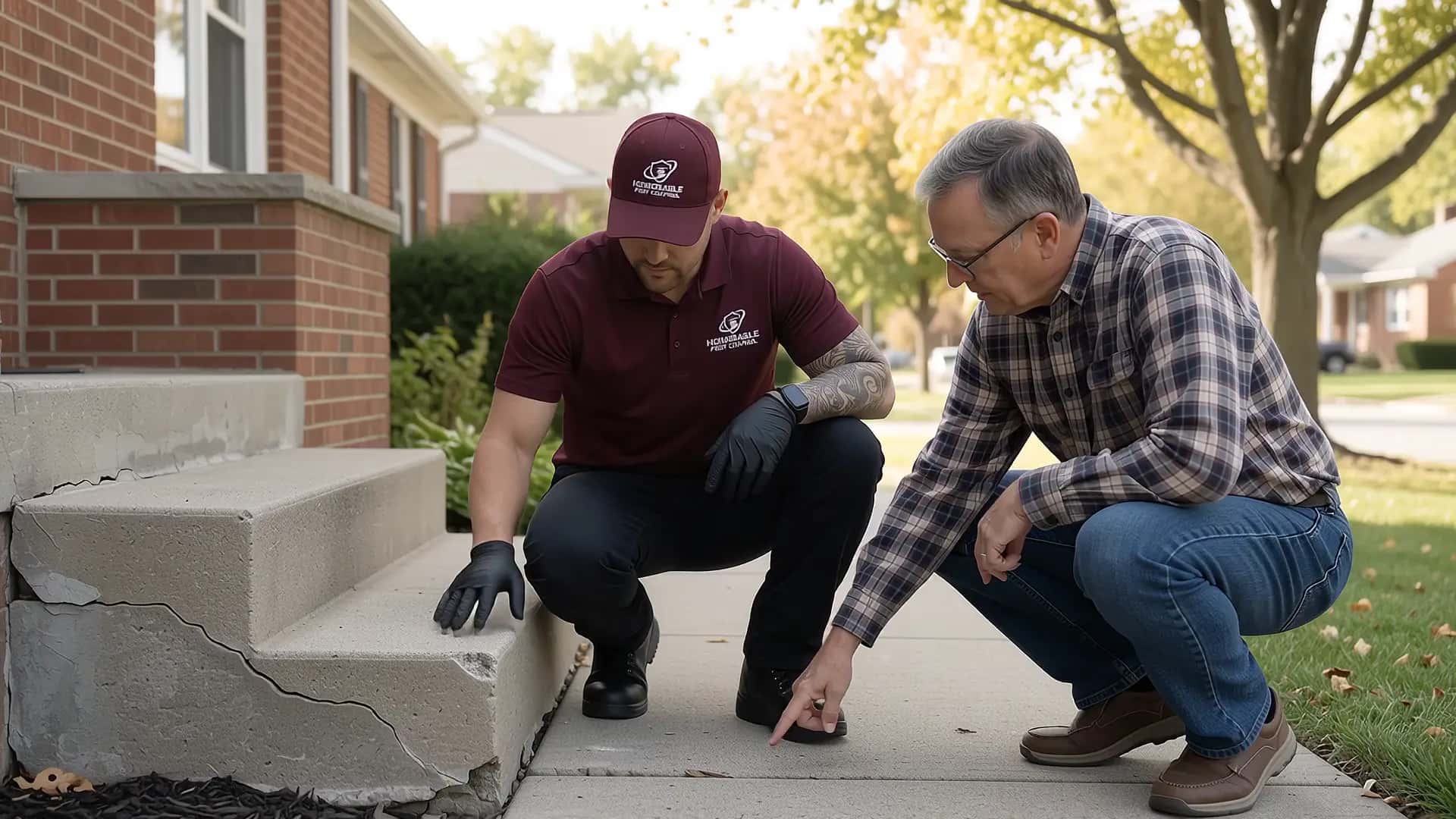 Honorable Pest Control technician showing a homeowner a gap at the foundation of a Southeast Michigan home
