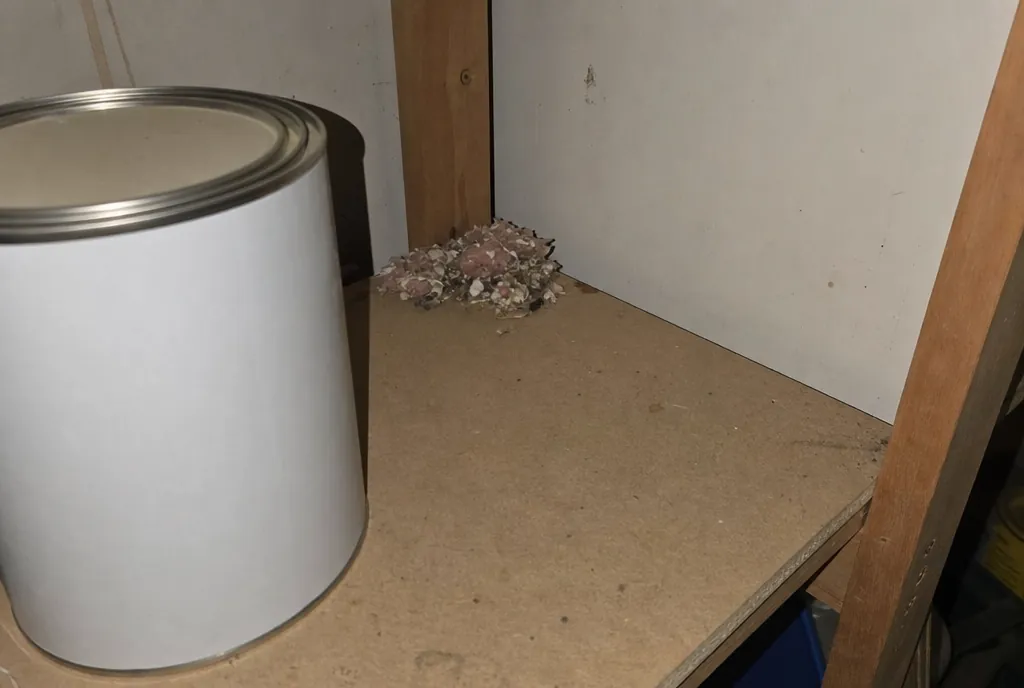 A mouse nest of shredded paper on a garage shelf
