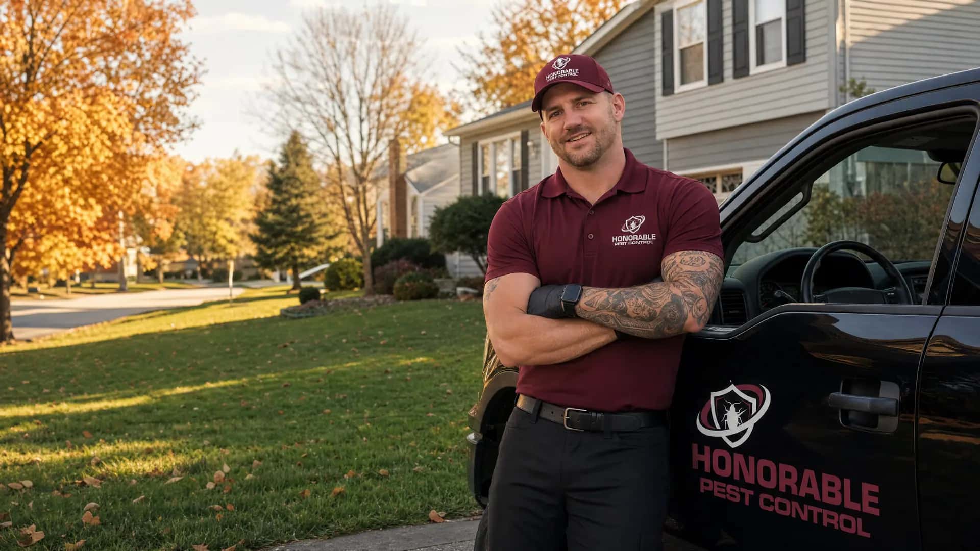 Nick Russler, owner of Honorable Pest Control, beside the company truck in a Southeast Michigan driveway