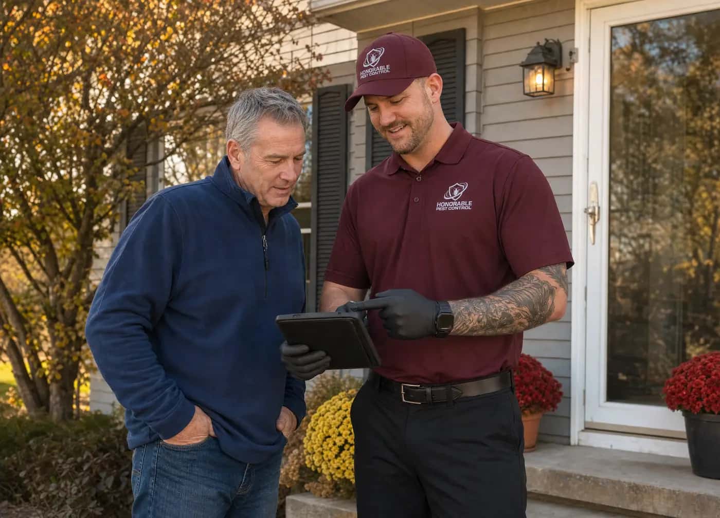 Honorable Pest Control technician explaining the treatment plan and price to a homeowner on his front porch