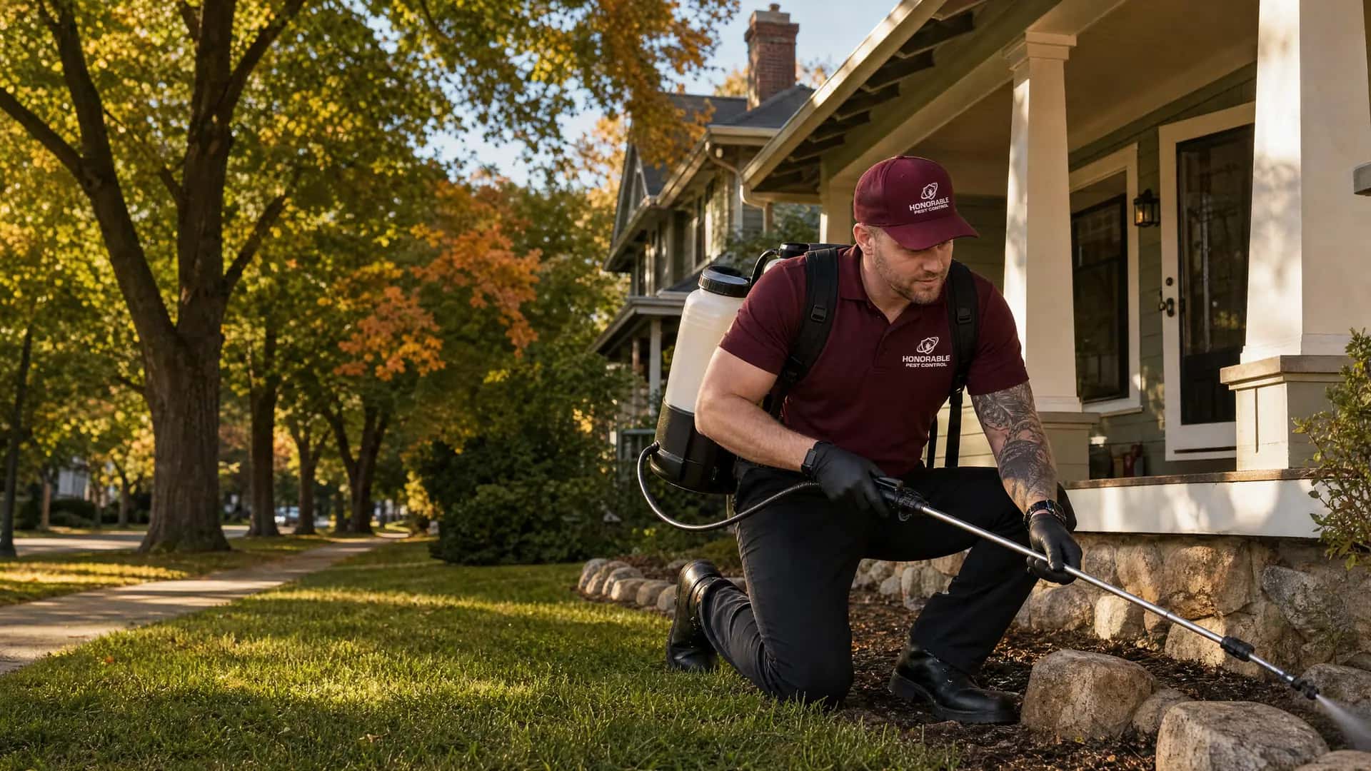 Honorable Pest Control technician spraying the foundation of a craftsman home in Ann Arbor, MI