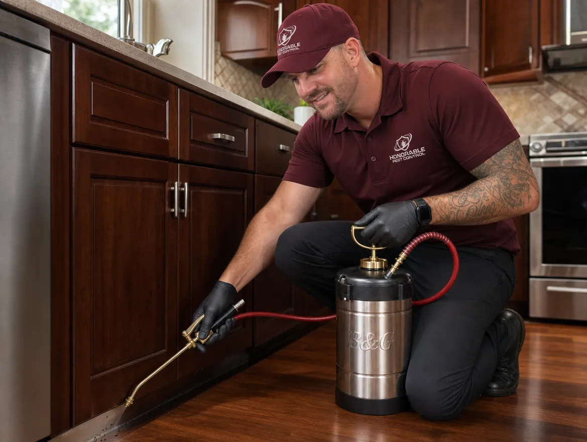 Honorable Pest Control technician in black gloves applying a crack and crevice ant treatment along a kitchen baseboard with a stainless B&G hand sprayer