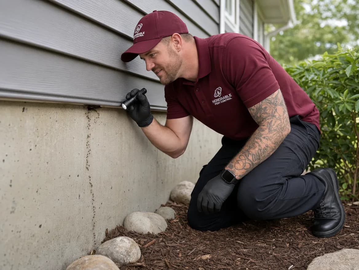 Honorable Pest Control technician kneeling at a house foundation with a flashlight, following an ant trail up the concrete into a gap under the siding