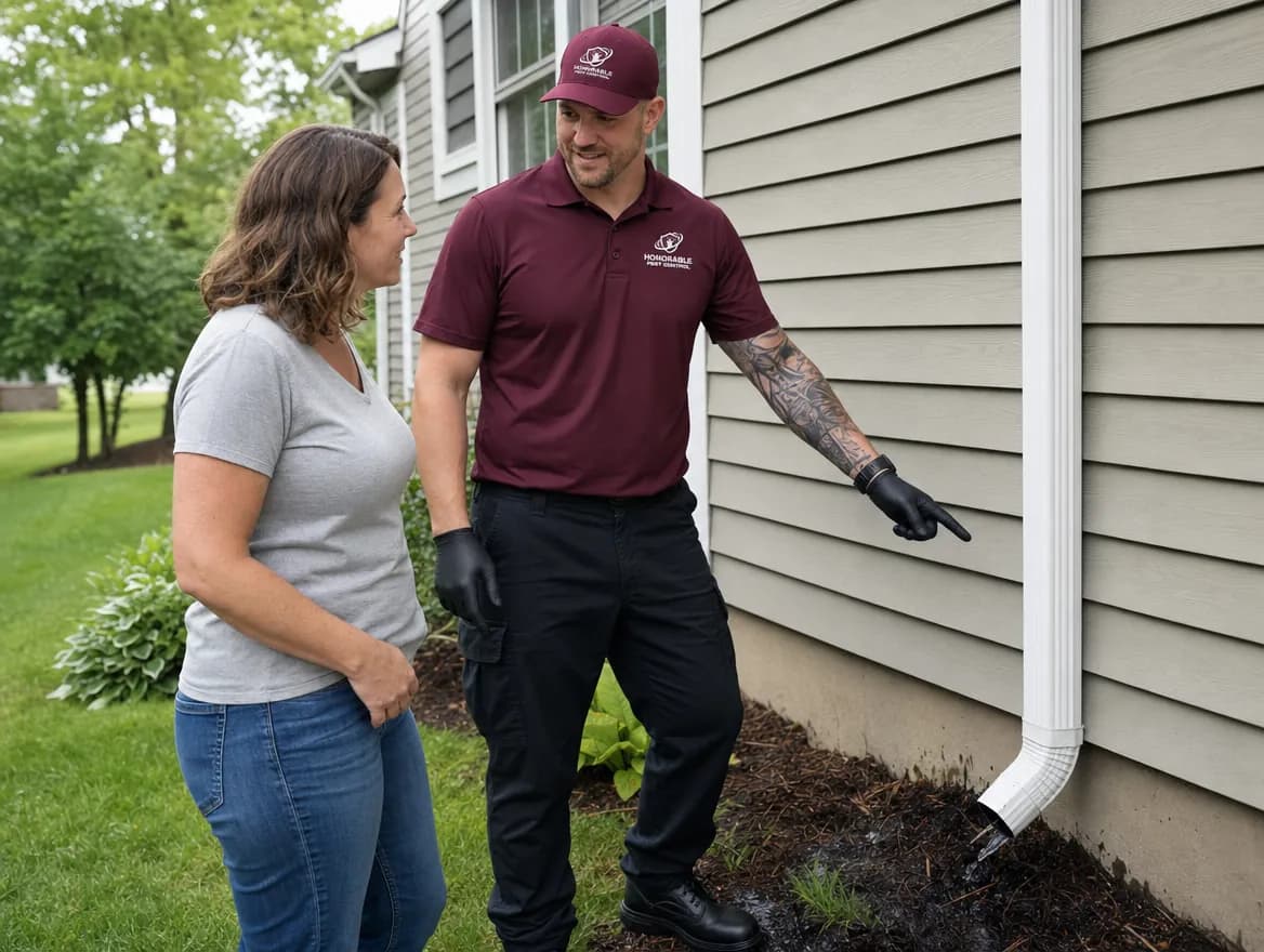 Honorable Pest Control technician showing a homeowner a downspout that drains against the foundation, a moisture problem that draws ants