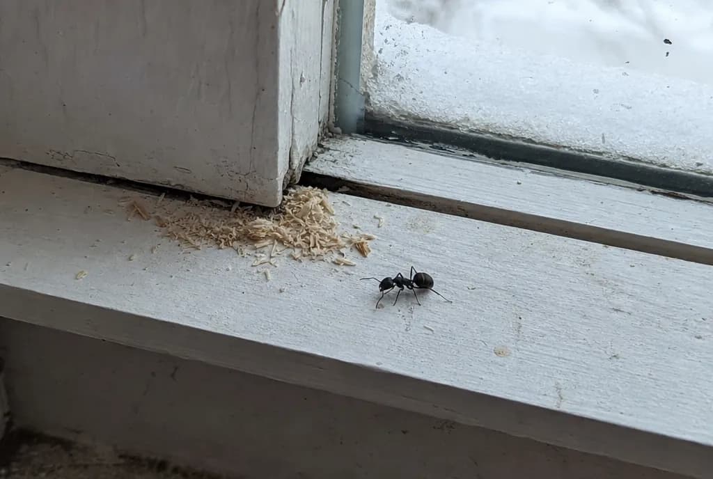 A small pile of coarse sawdust and ant parts on a basement window sill
