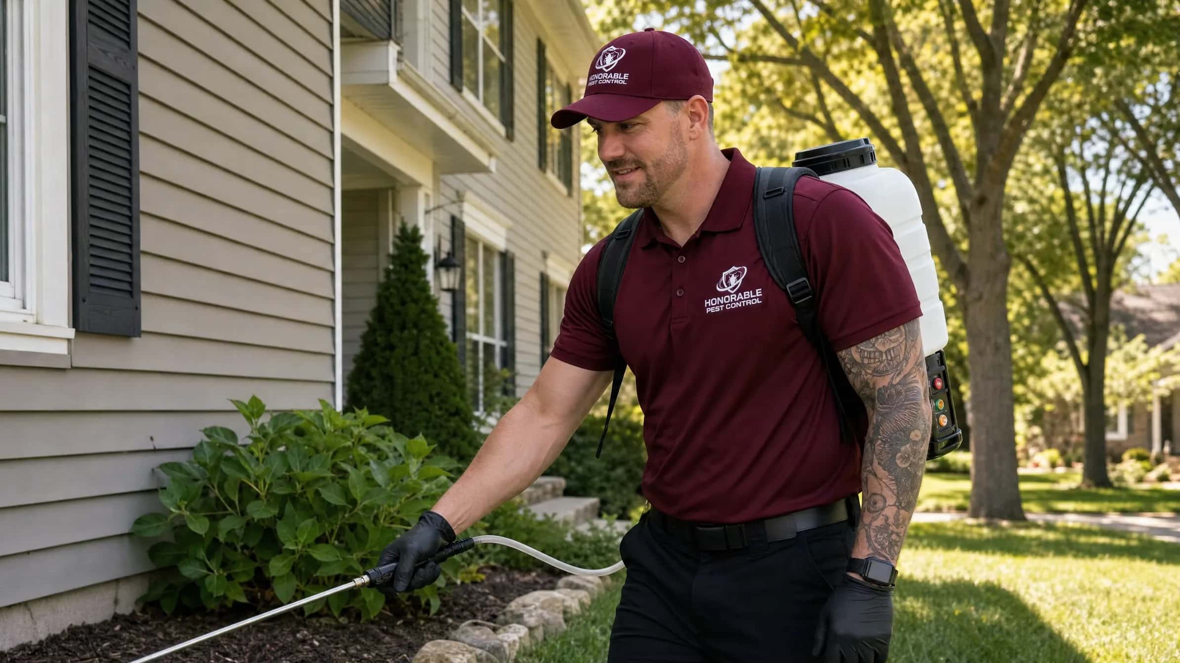 Honorable Pest Control technician treating the perimeter of a Michigan home for ants
