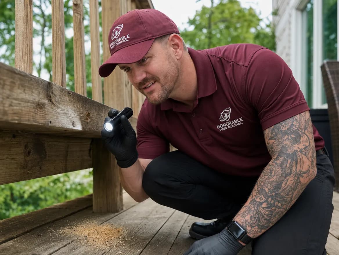 Honorable Pest Control technician using a flashlight to check a carpenter bee hole in a deck rail, with sawdust on the deck below