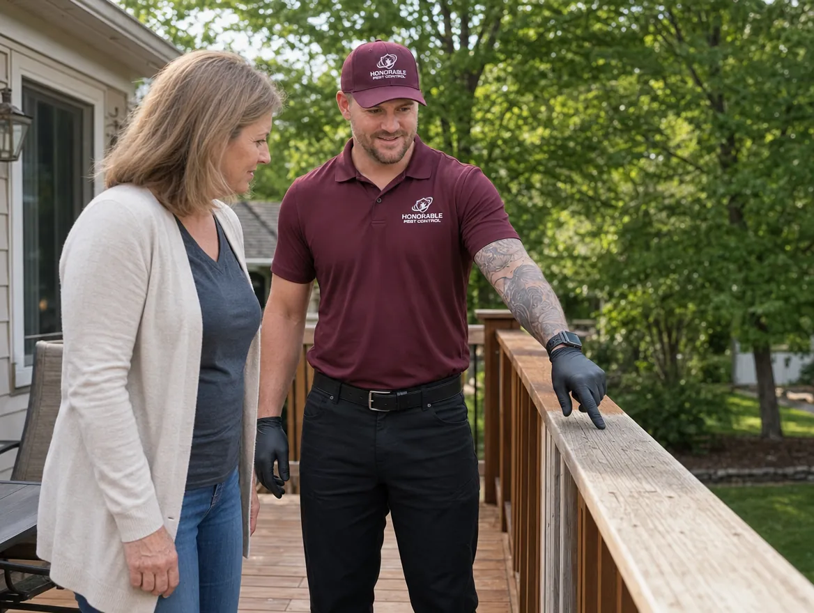 Honorable Pest Control technician showing a homeowner the bare, weathered deck rail that carpenter bees target