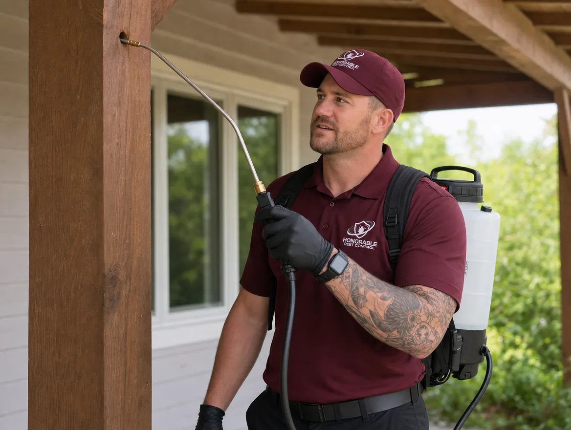 Honorable Pest Control technician putting a sprayer wand tip into a carpenter bee hole in a wooden porch post