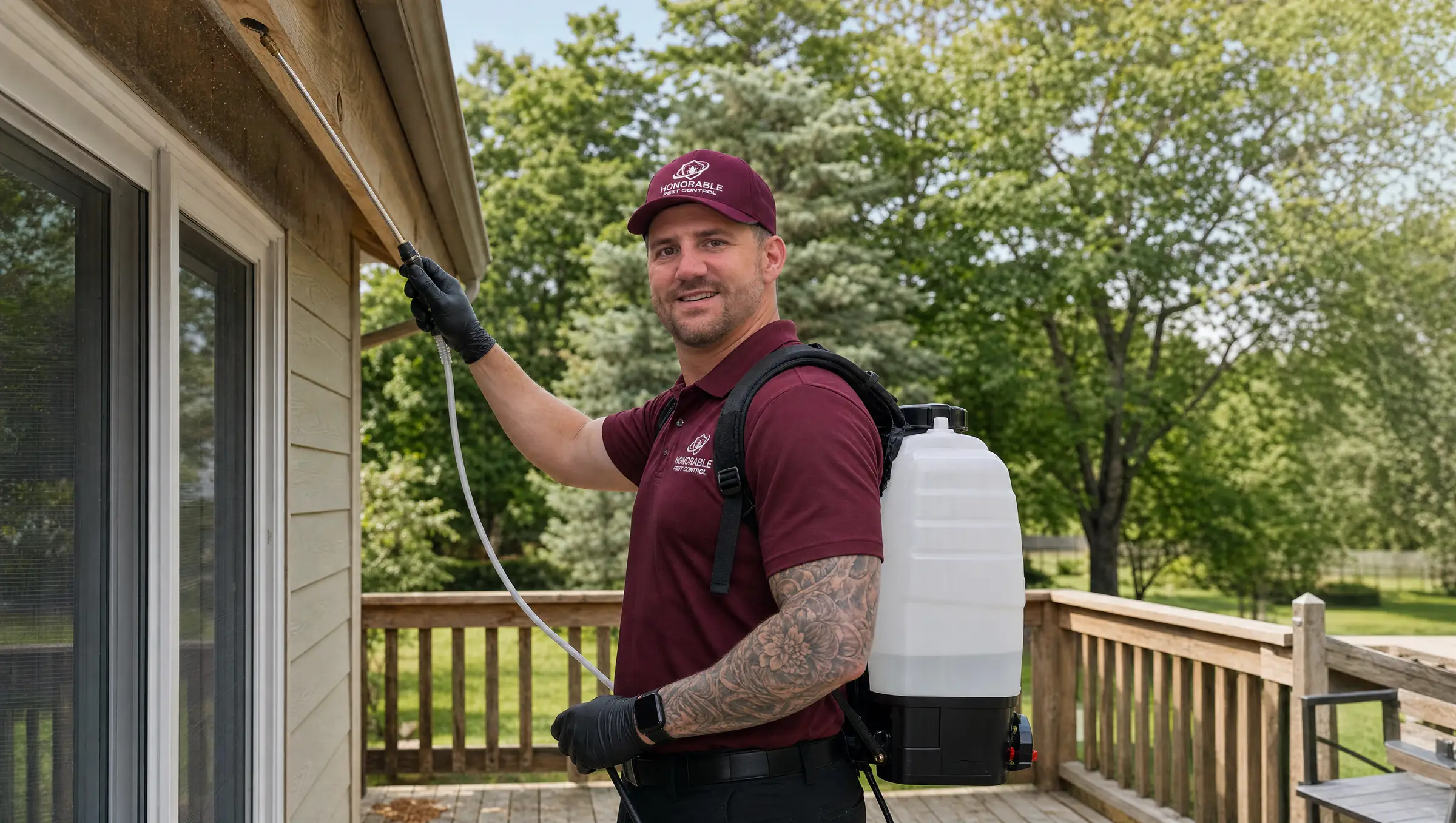 Honorable Pest Control technician in a burgundy uniform and black gloves treating a carpenter bee hole under the eave of a Michigan home from the deck