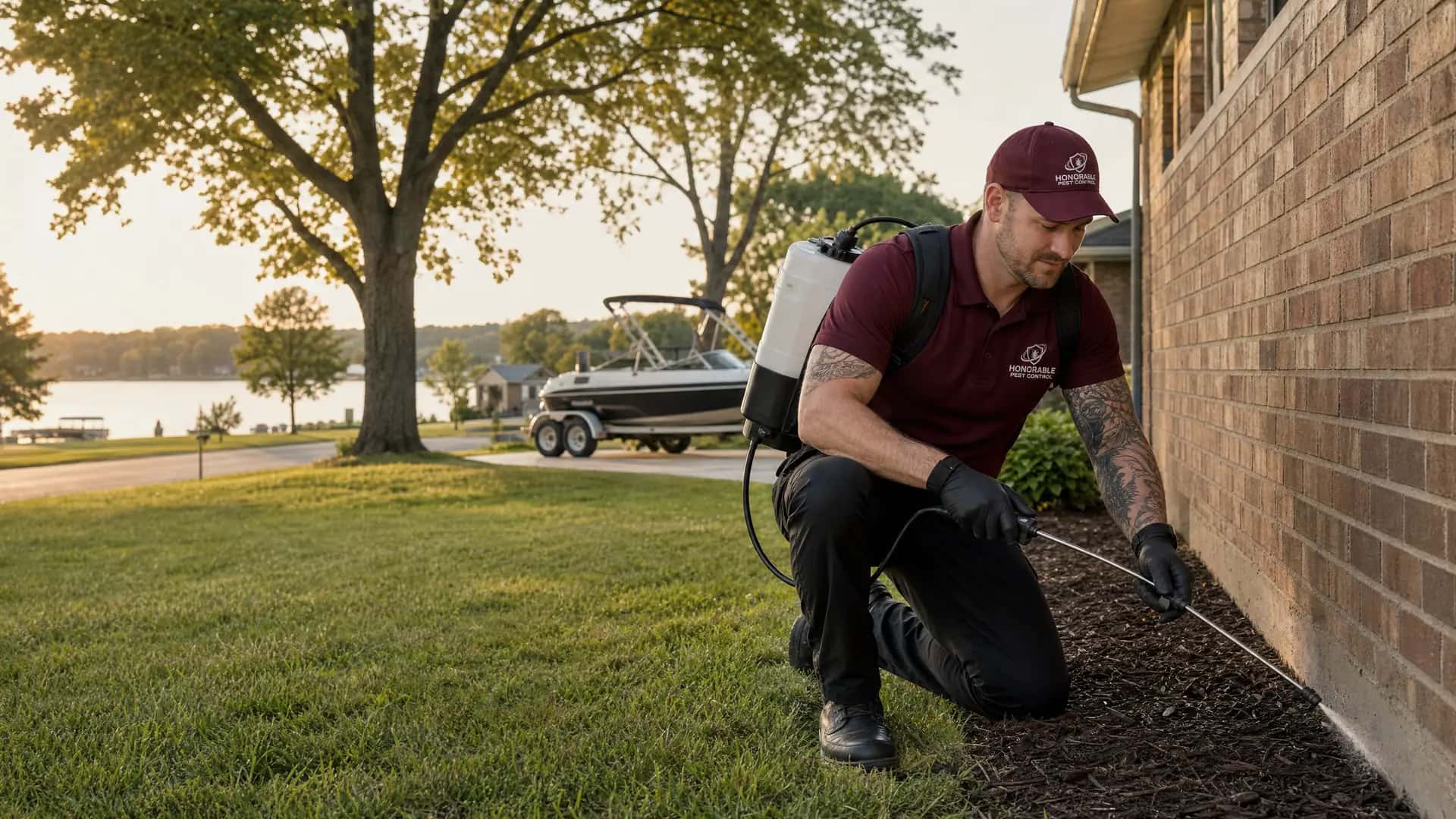 Honorable Pest Control technician spraying the foundation of a brick ranch in Belleville, MI