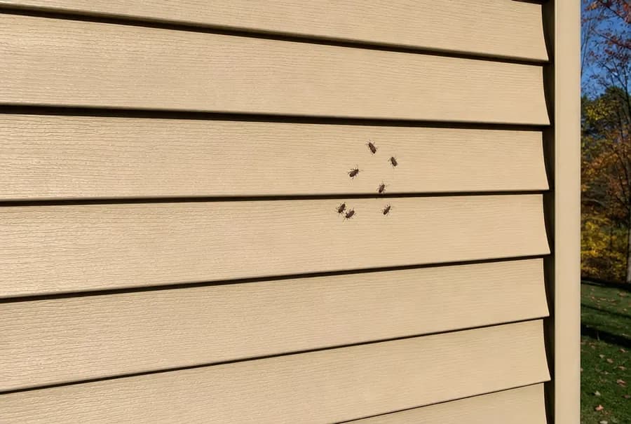 A small cluster of black and red boxelder bugs on sunny beige siding in autumn