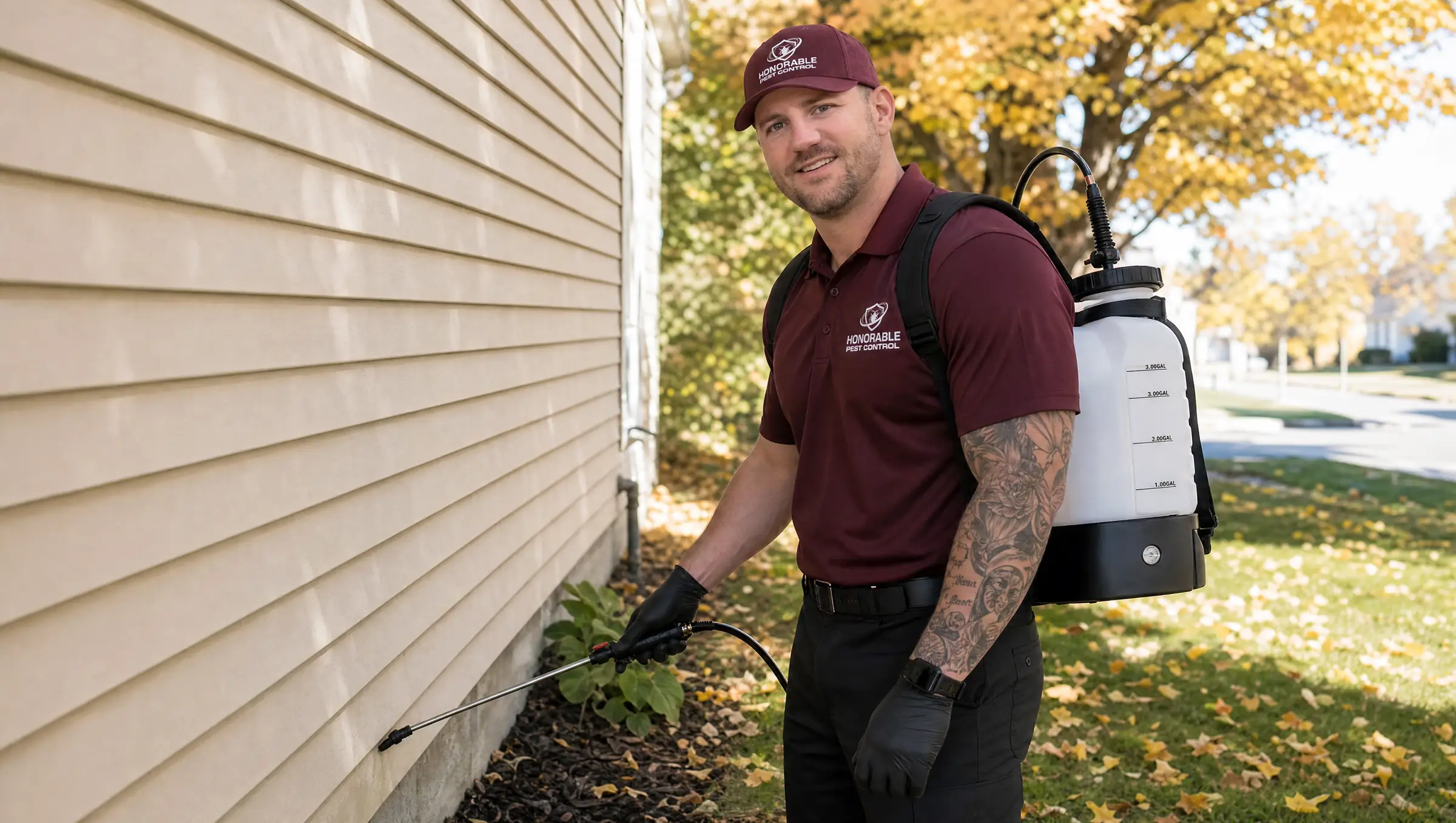 Honorable Pest Control technician treating the base of a sunny wall on a Michigan home in autumn