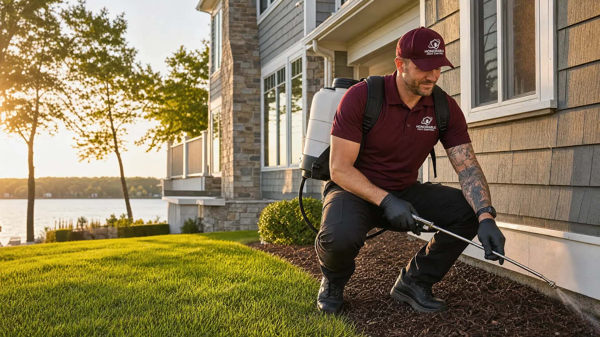 Honorable Pest Control technician spraying the foundation of a lakeside home in Brighton, MI