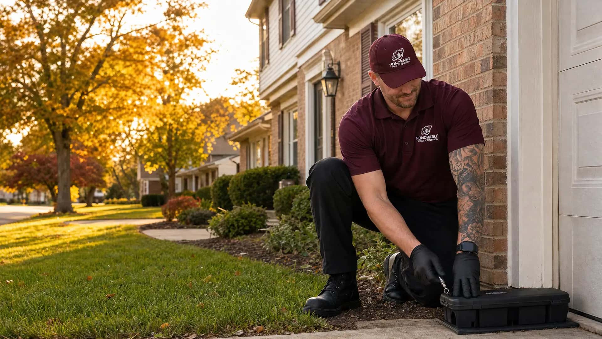 Honorable Pest Control technician locking a rodent bait station beside the garage of a colonial home in Canton, MI