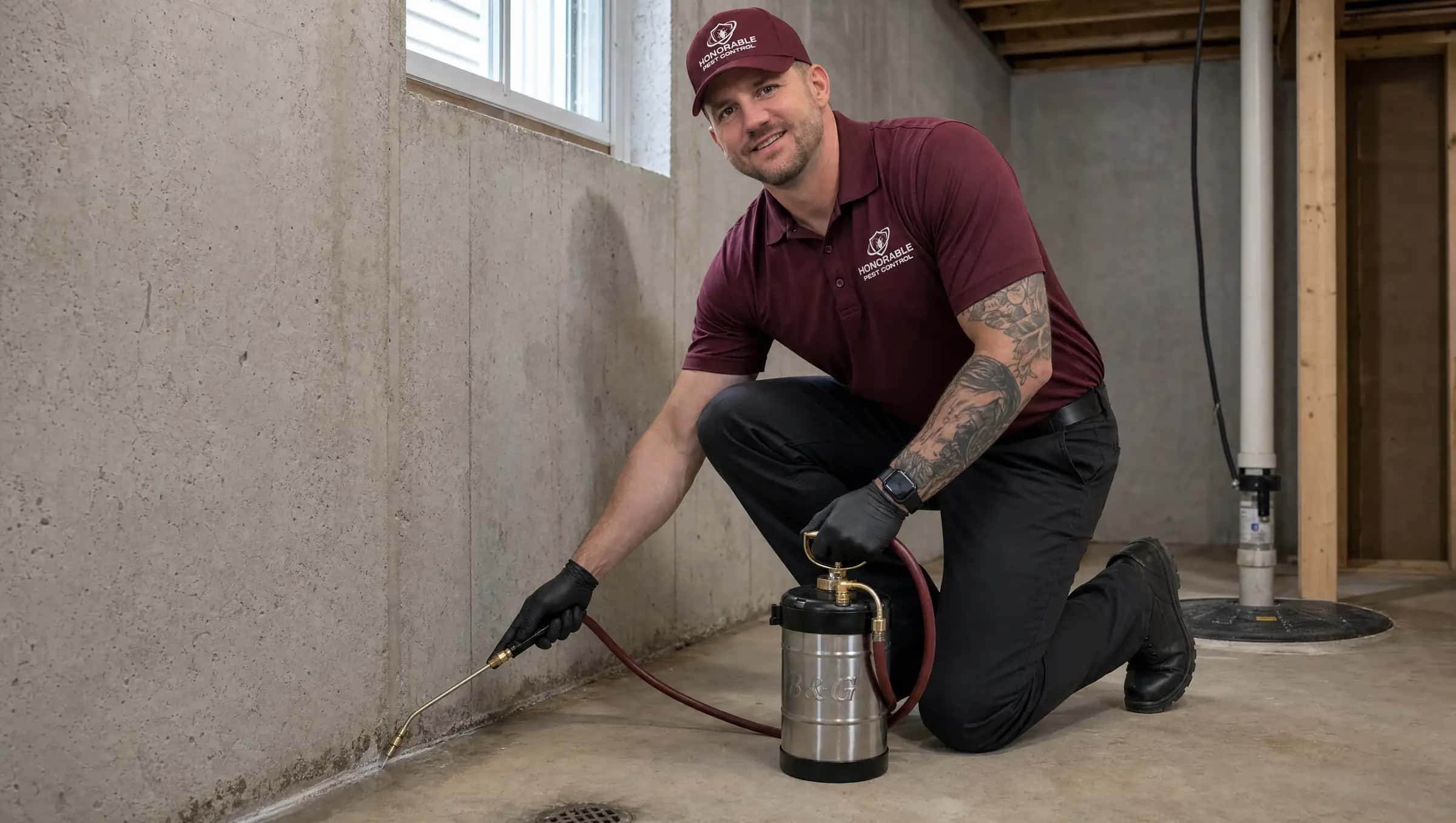 Honorable Pest Control technician treating a basement wall in a Michigan home