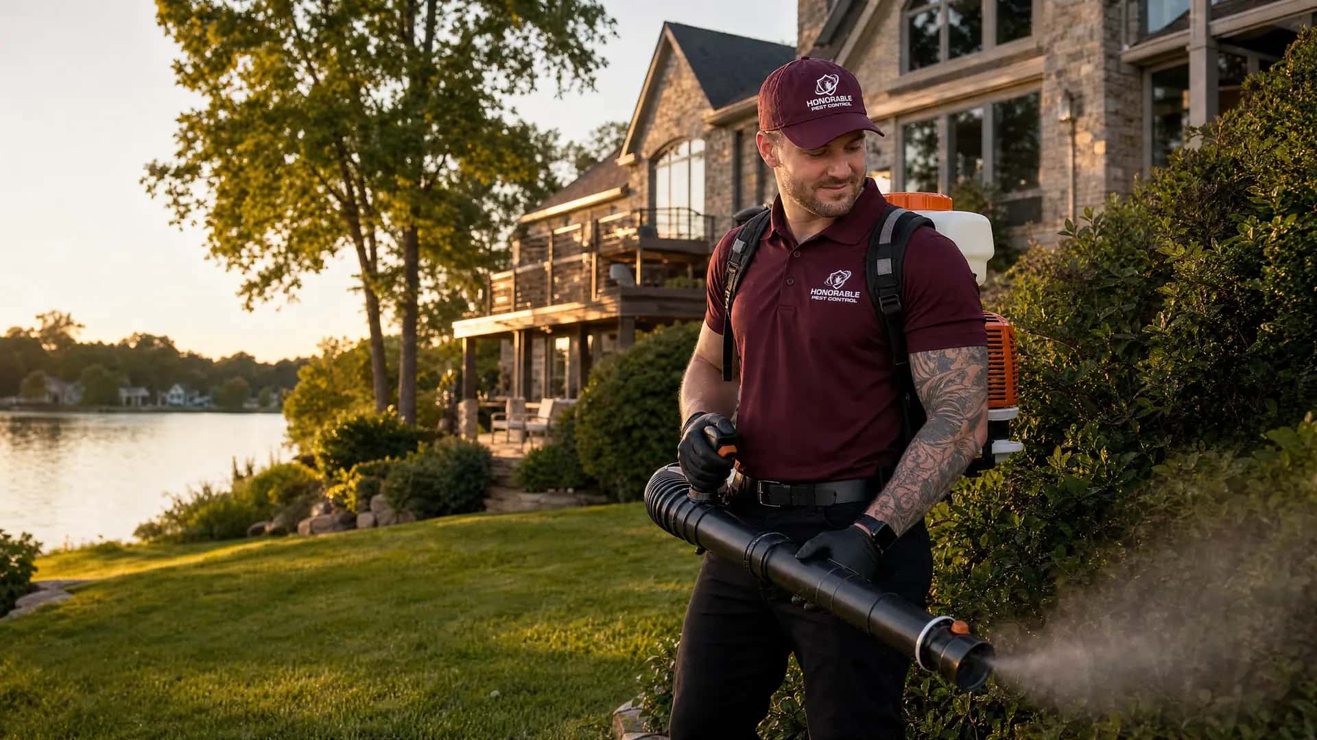 Honorable Pest Control technician misting the shaded shrubs for mosquitoes at a lakefront home in Commerce Township, MI