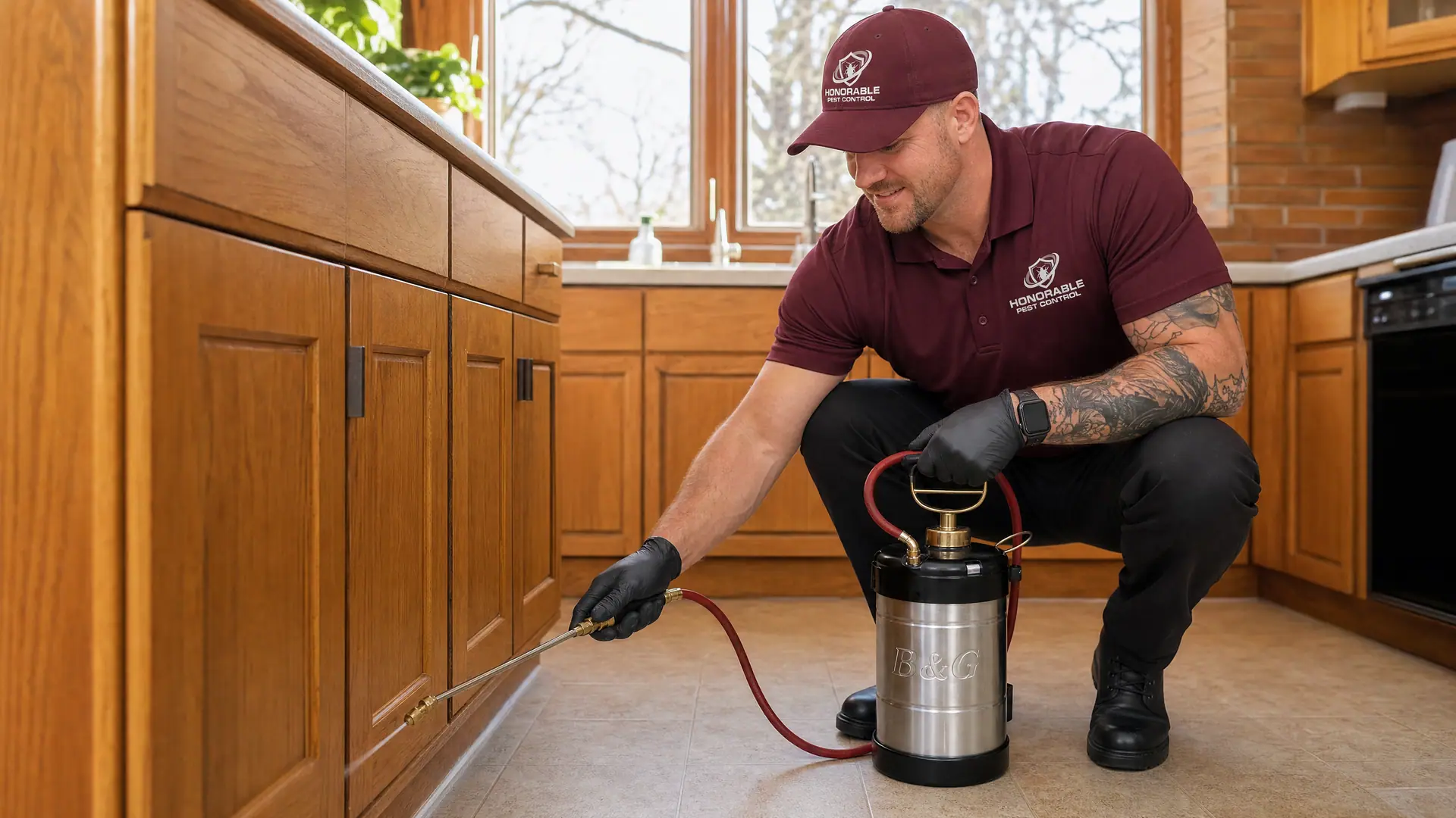 Honorable Pest Control technician treating the kitchen baseboards in a Farmington Hills, MI home