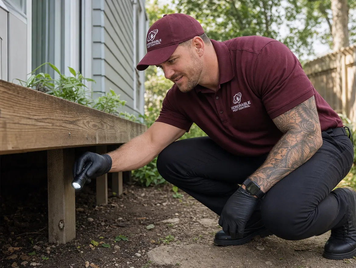 Honorable Pest Control technician shining a flashlight into the shaded dirt under a deck where a pet likes to rest
