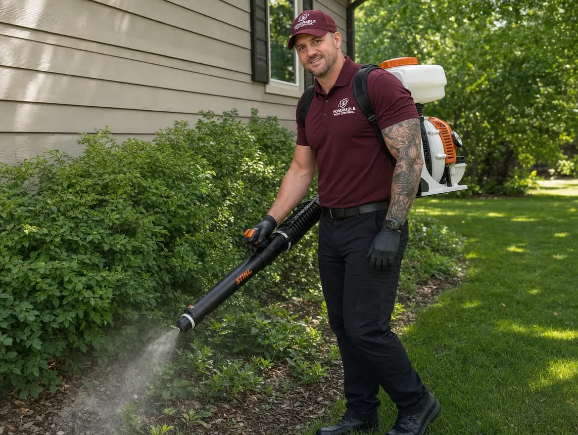 Honorable Pest Control technician with a backpack mist blower treating the leaf litter under shrubs along a house foundation