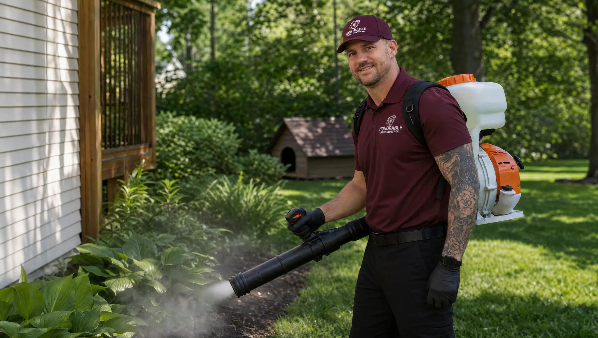 Honorable Pest Control technician in a burgundy uniform and black gloves misting the shaded beds and ground cover beside a Michigan home for outdoor fleas
