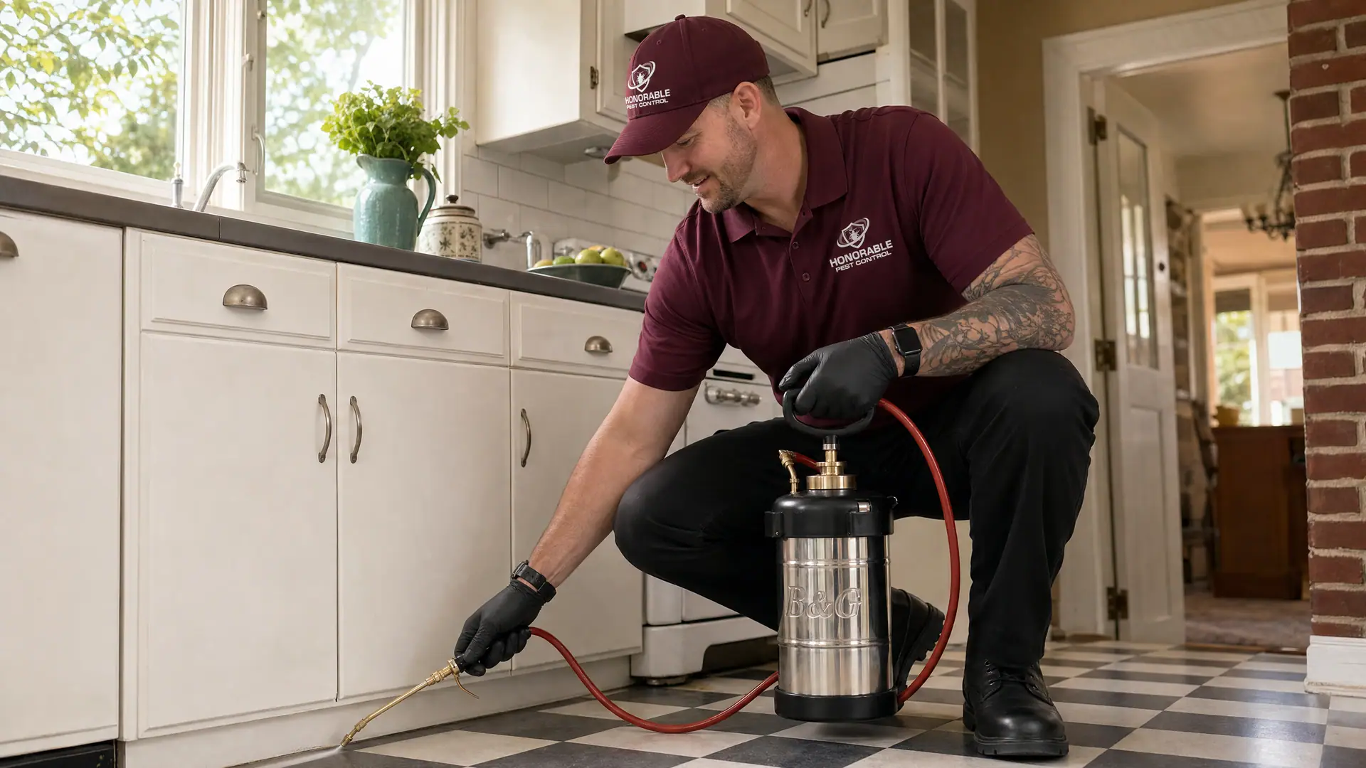 Honorable Pest Control technician treating the kitchen baseboards in a Garden City, MI bungalow