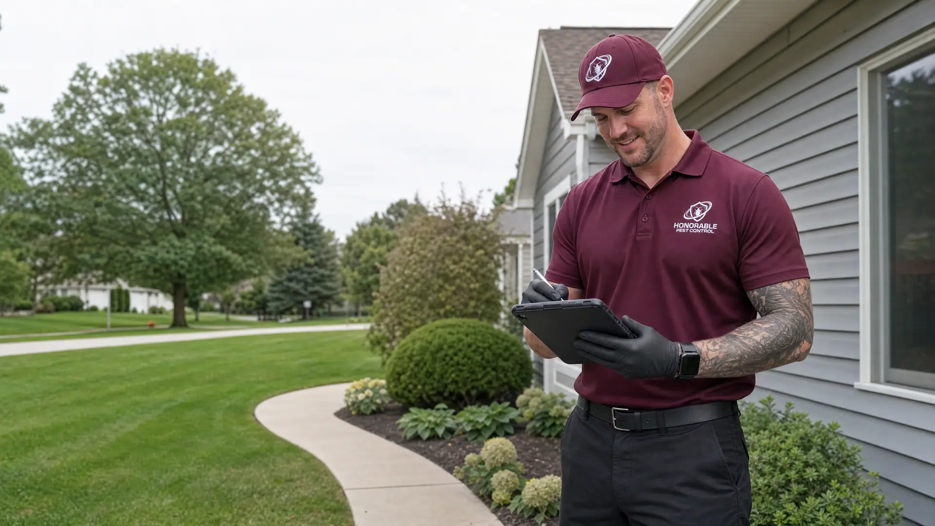 Honorable Pest Control technician writing service notes outside a Southeast Michigan home