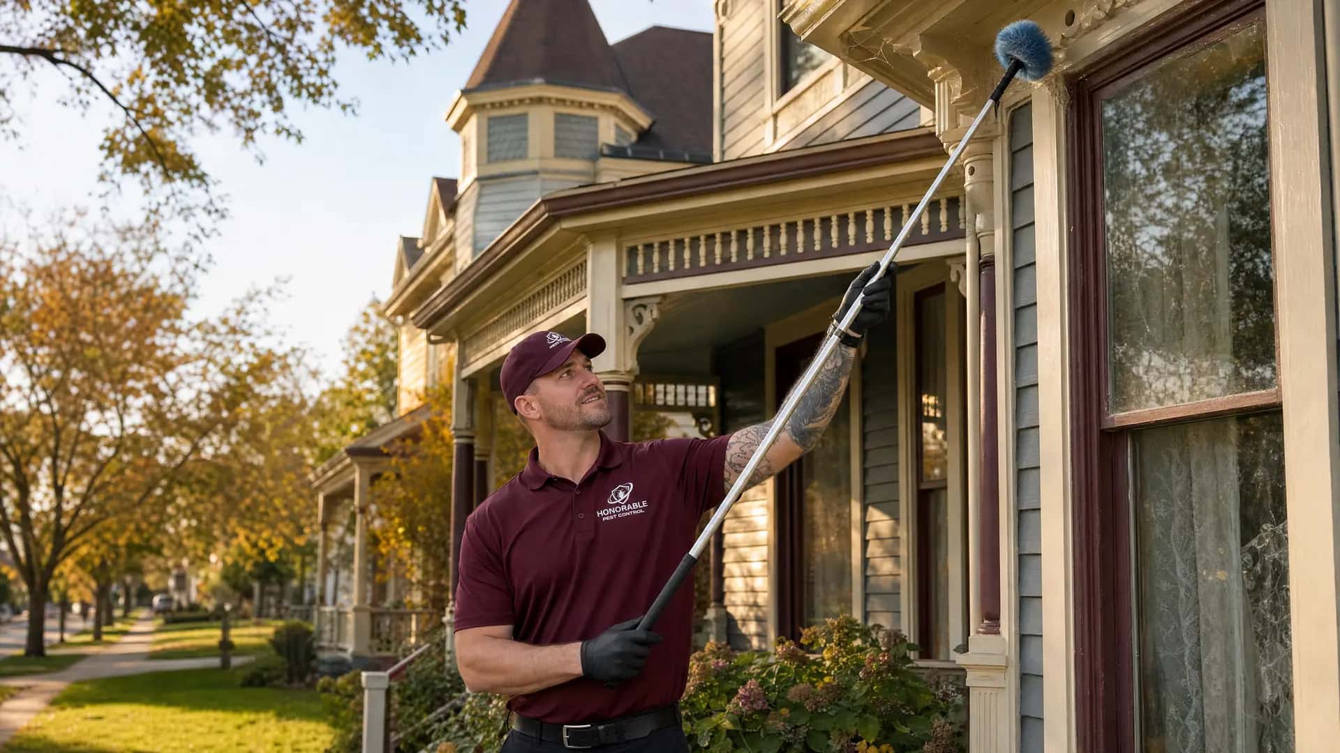 Honorable Pest Control technician sweeping spider webs off the eaves of a Victorian home in Howell, MI