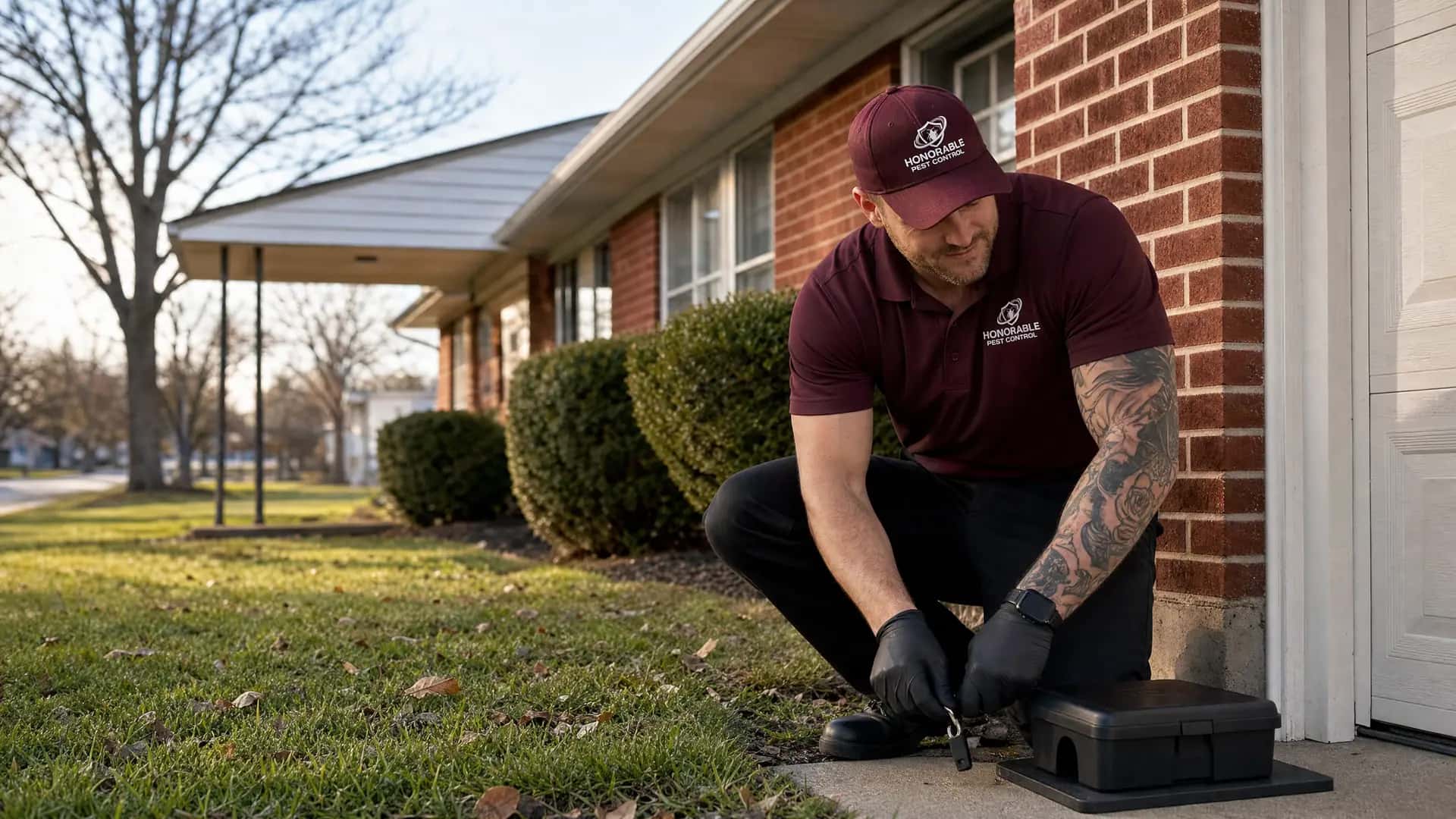 Honorable Pest Control technician locking a rodent bait station beside the garage of a brick ranch in Milan, MI