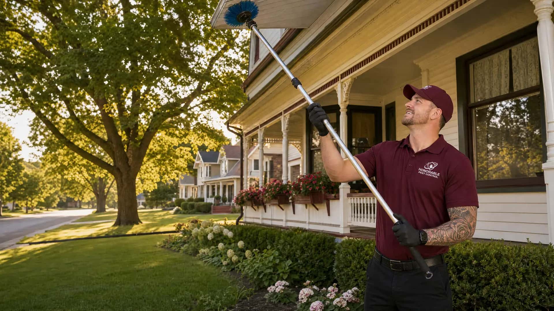 Honorable Pest Control technician sweeping spider webs off the eaves of a village home in Milford, MI
