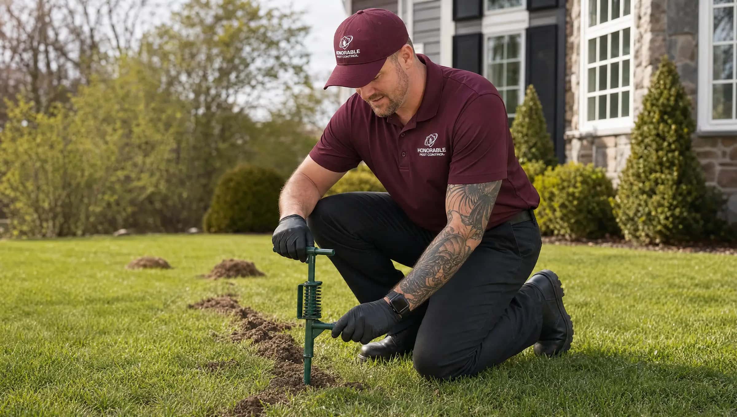 Honorable Pest Control technician in a burgundy uniform and black gloves setting a mole trap in a raised runway in a Michigan lawn