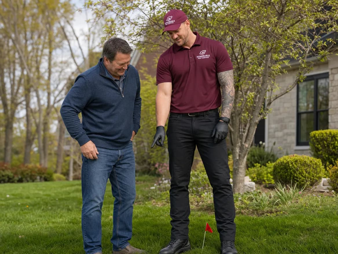 Honorable Pest Control technician showing a homeowner the flag that marks a set mole trap in the lawn