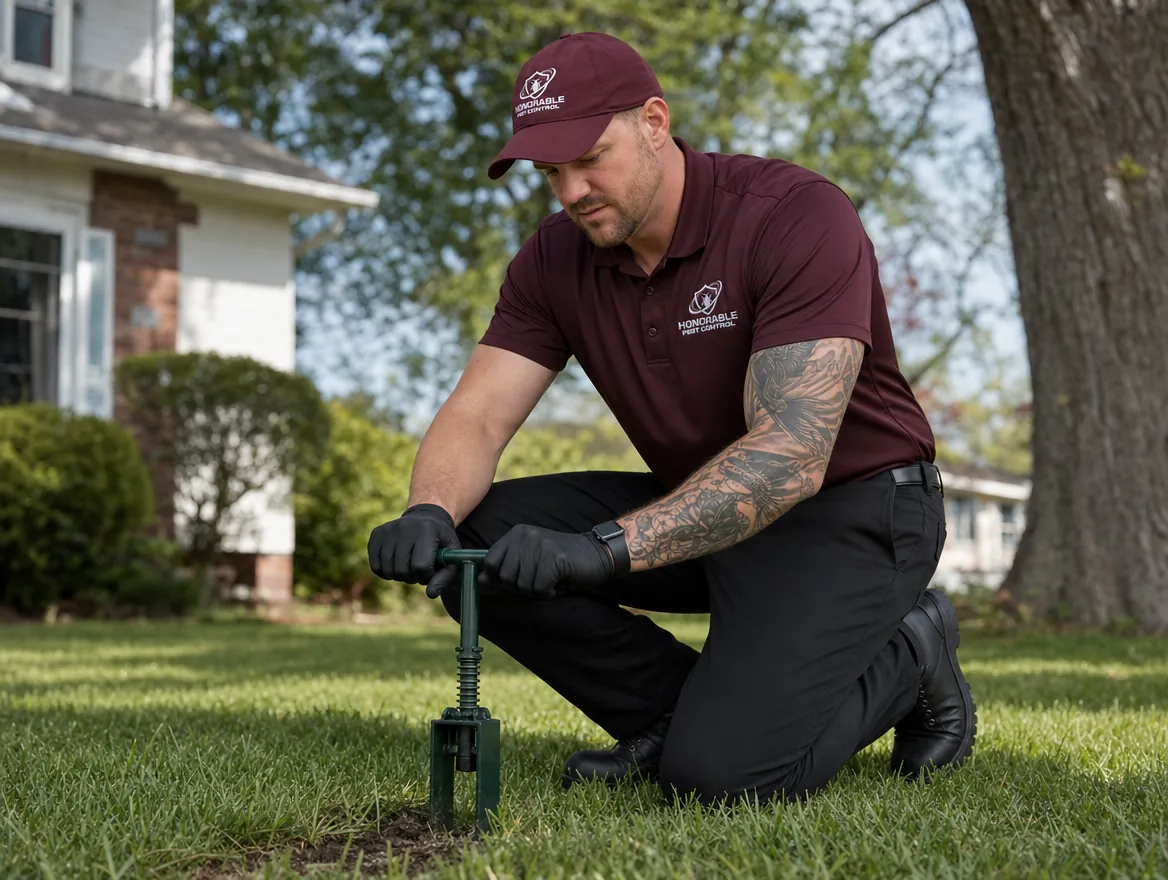 Honorable Pest Control technician pushing a mole trap down into an active runway in a lawn